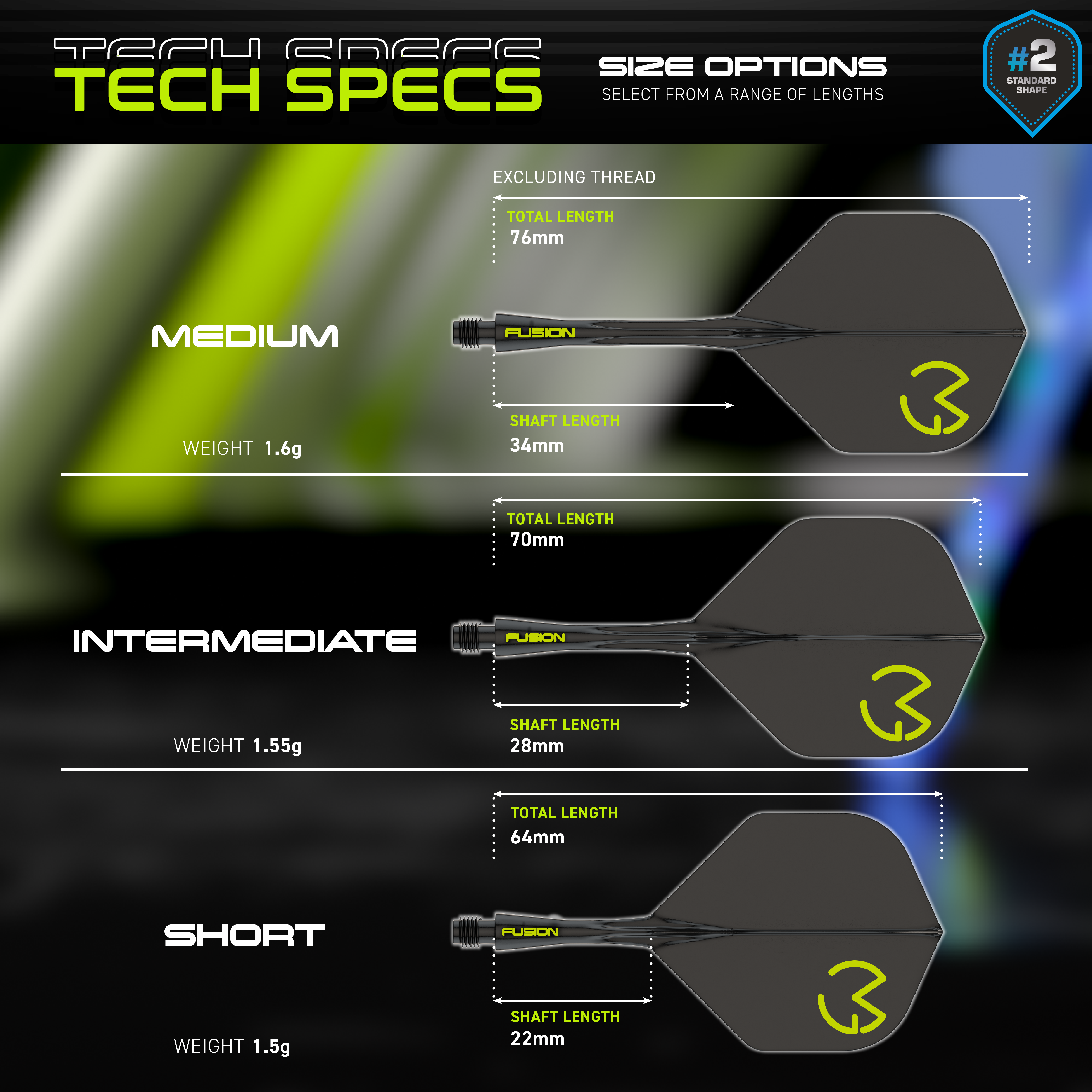Sistema de eje de vuelo Winmau Fusion Michael Van Gerwen Pacman No6 Das Bild zeigt die technischen Spezifikationen des Winmau Fusion Flight-Shaft-Systems Michael Van Gerwen Pacman No2 Standard. Es werden drei Größenoptionen (Medium, Intermediate, Short) mit ihren jeweiligen Längen und Gewichten dargestellt.