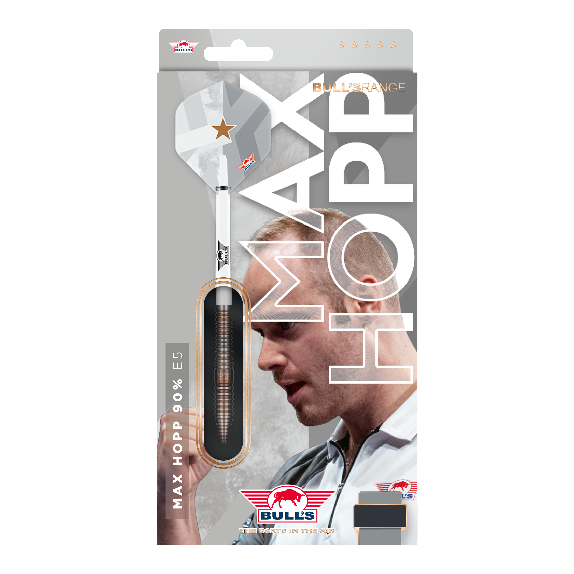 Dardos blandos Bulls NL Max Hopp E5 - 20 g Das Bild zeigt die Bulls NL Max Hopp E5 Softdarts in der Version mit 20 Gramm. Die Darts zeichnen sich durch ihre hochwertige Verarbeitung aus.