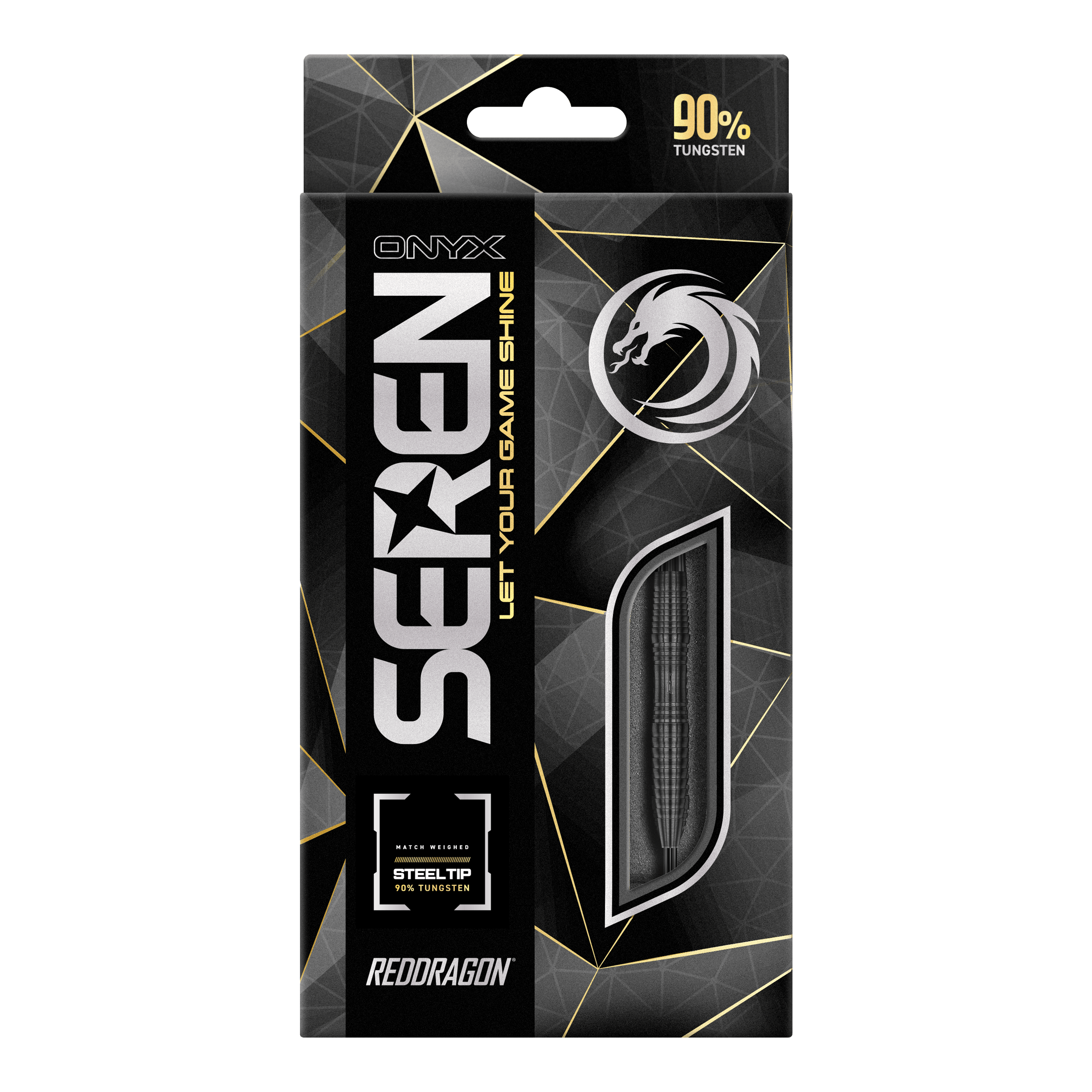 Red Dragon Seren 3 Dardos de Acero de Ónix Die Abbildung zeigt die Verpackung der "Red Dragon Seren 3 Onyx Steeldarts". Auf der Schachtel steht, dass die Darts aus 90% Tungsten bestehen.