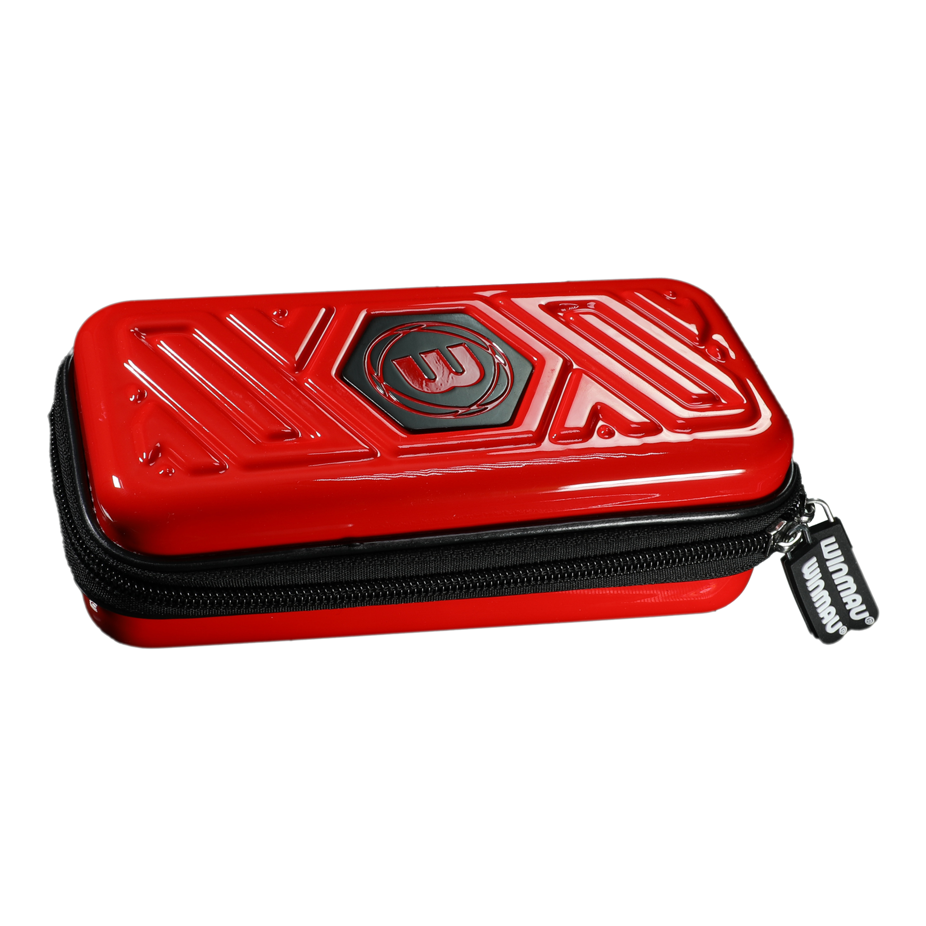 Cartera para dardos Winmau Armor G1 Das Bild zeigt ein rotes Dart-Etui mit einem schwarzen Reißverschluss. Auf der Oberseite befindet sich ein eingeprägtes Muster und das Winmau-Logo.