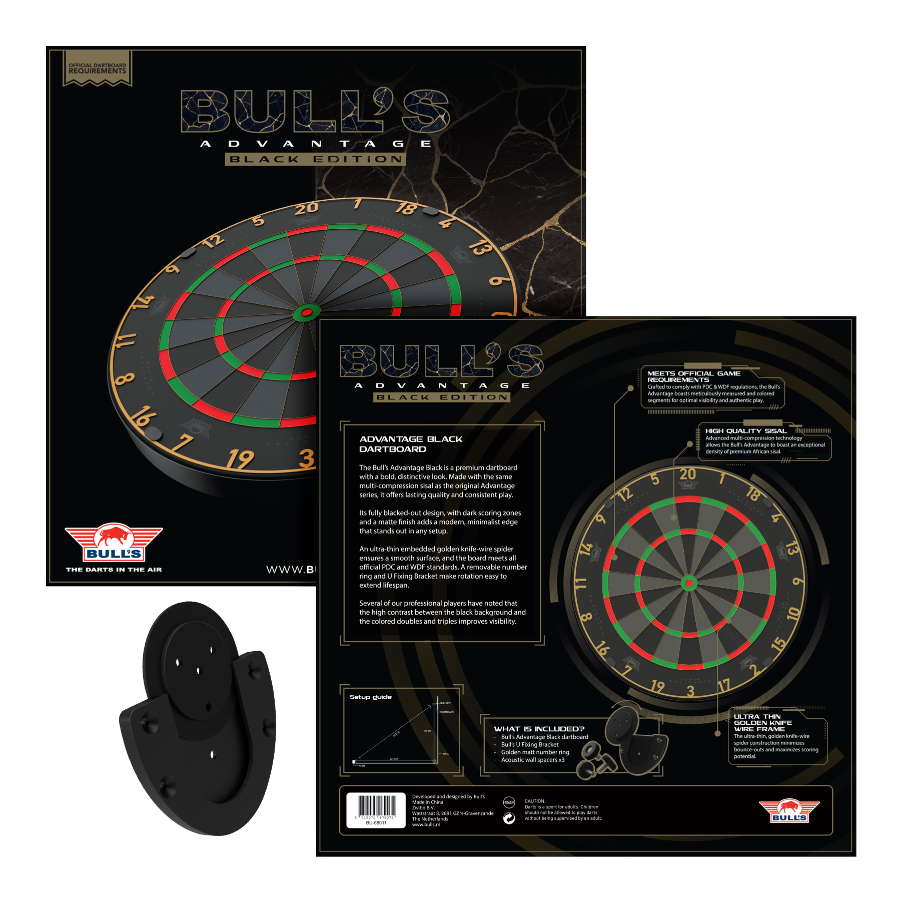 Diana de dardos de acero Bulls NL Advantage Black Edition Das Bild zeigt das Bulls NL Advantage Black-Edition Steeldartboard. Dies ist eine schwarze Dartscheibe für Steeldart-Spiele.