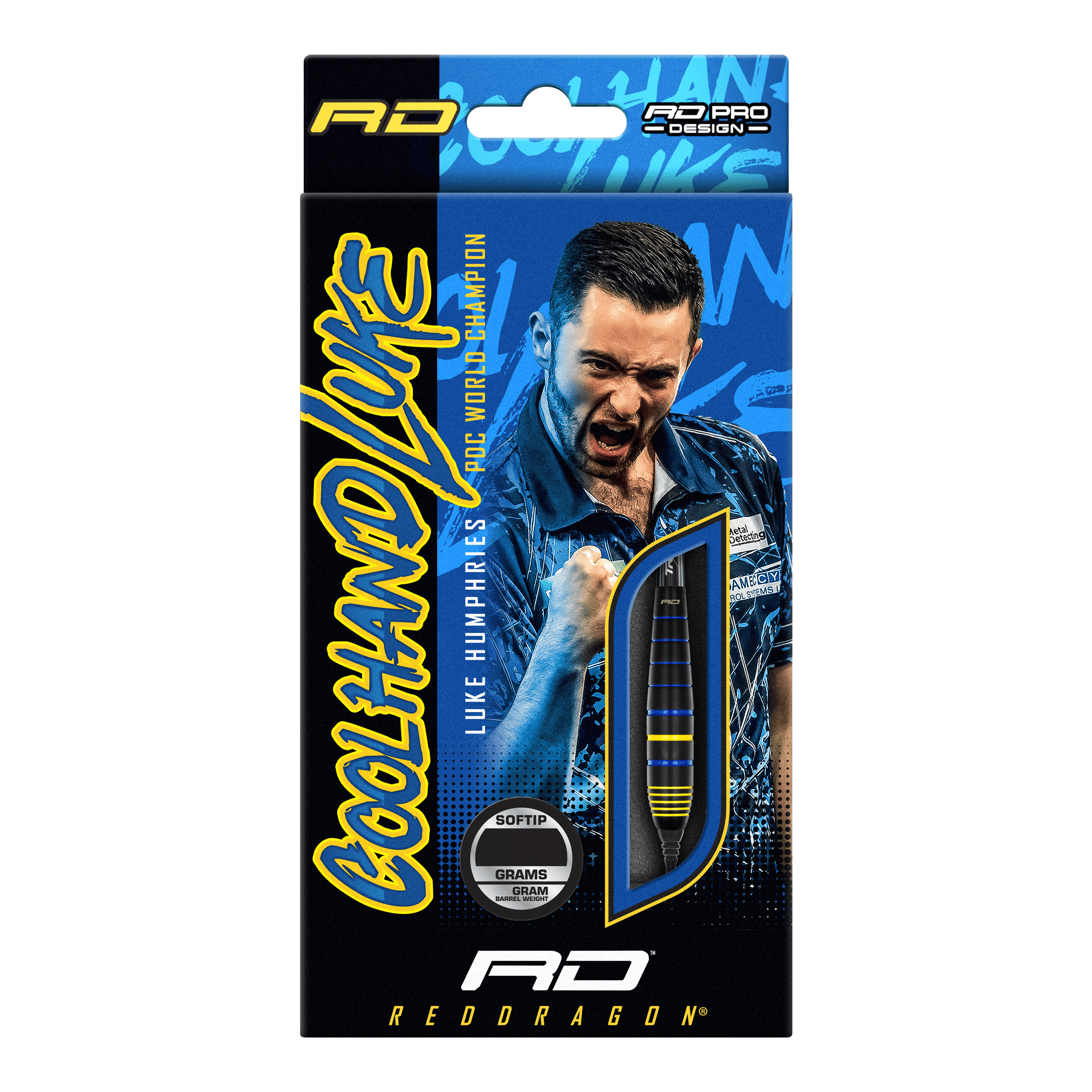 Dardos blandos de latón Red Dragon Luke Humphries, campeón mundial, 20 g Auf der Verpackung ist der Red Dragon Luke Humphries World Champion Brass Softdart mit 20g zu sehen. Im Hintergrund befindet sich ein jubelnder Mann in blauem Hemd.
