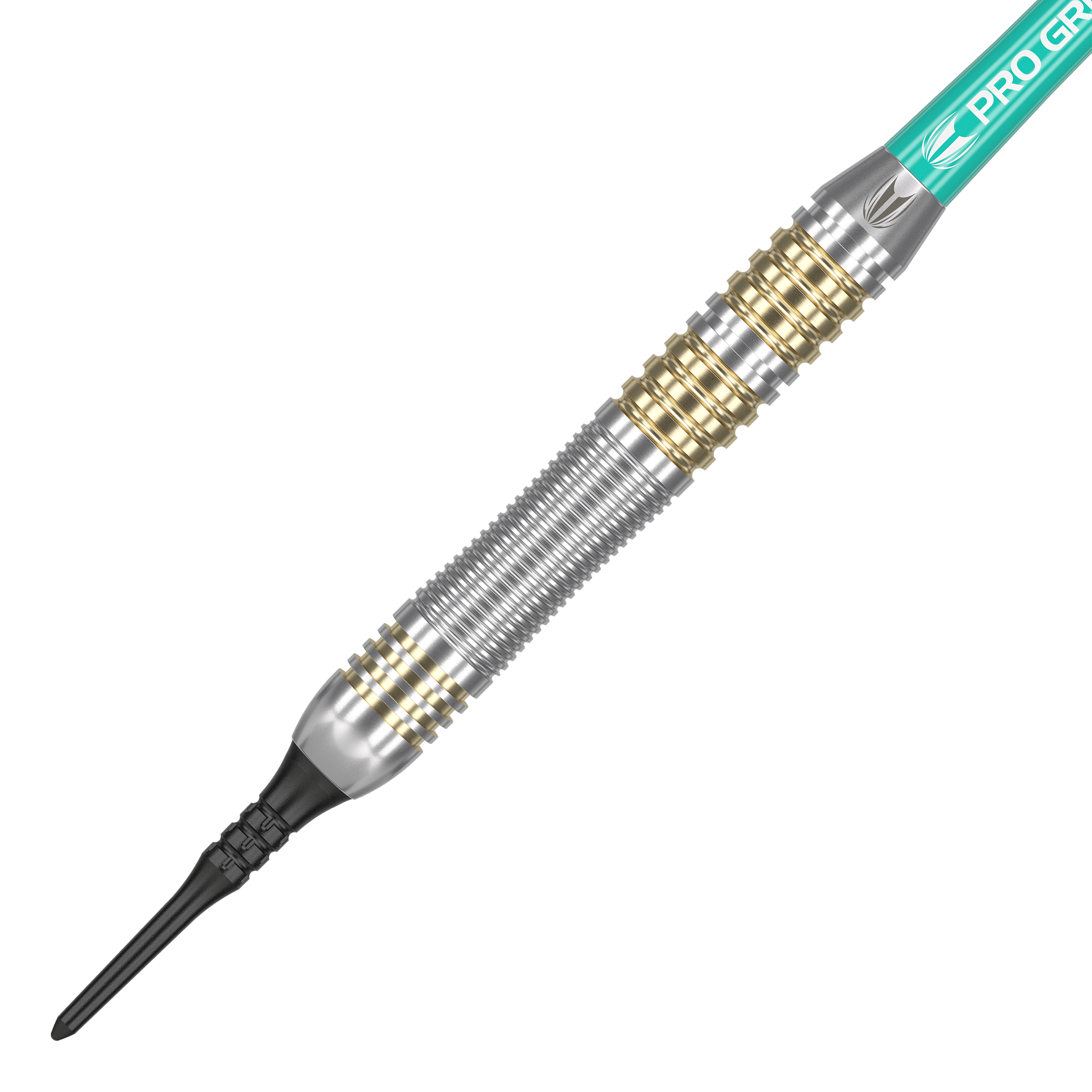 Dardos blandos de latón Target Rob Cross - 18 g Das Bild zeigt einen Target Rob Cross Brass Softdart mit einem Gewicht von 18 Gramm. Der Dartpfeil hat ein silbernes und goldenes Rillen-Design sowie eine schwarze Kunststoffspitze.