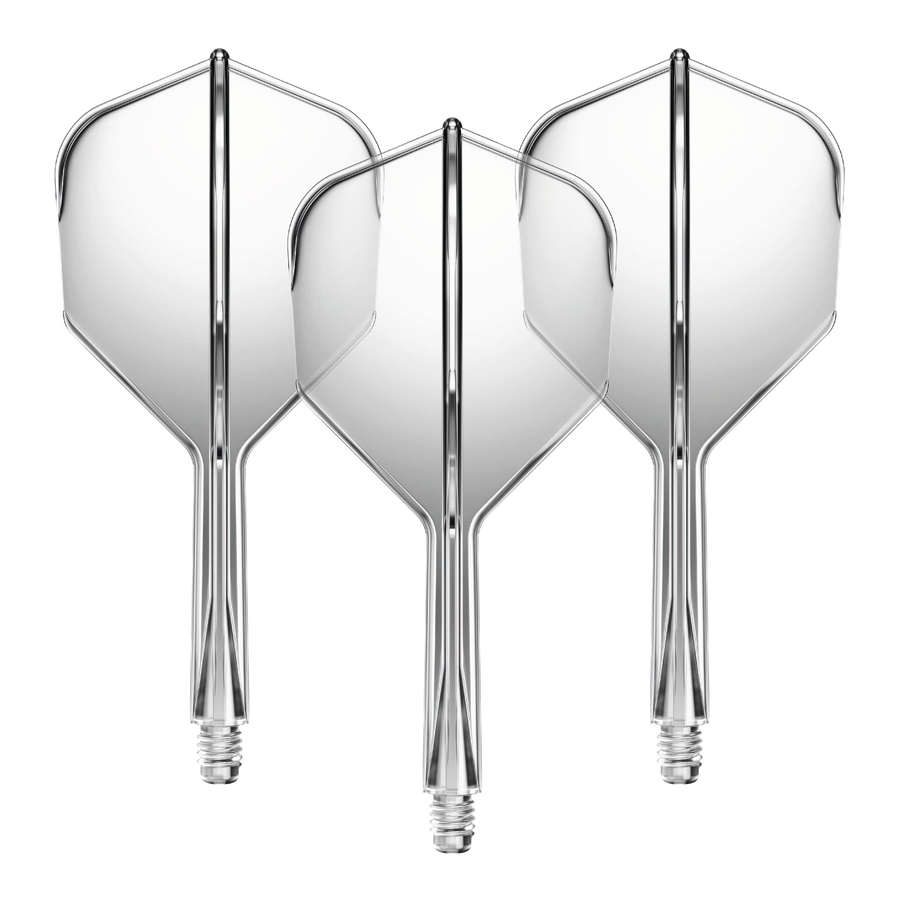 Sistema de eje de vuelo GOAT A1R No6 - Transparente Das Bild zeigt drei durchsichtige Dartflügel mit Schäften. Sie sind gleichmäßig nebeneinander angeordnet und stechen durch ihr klares Design hervor.