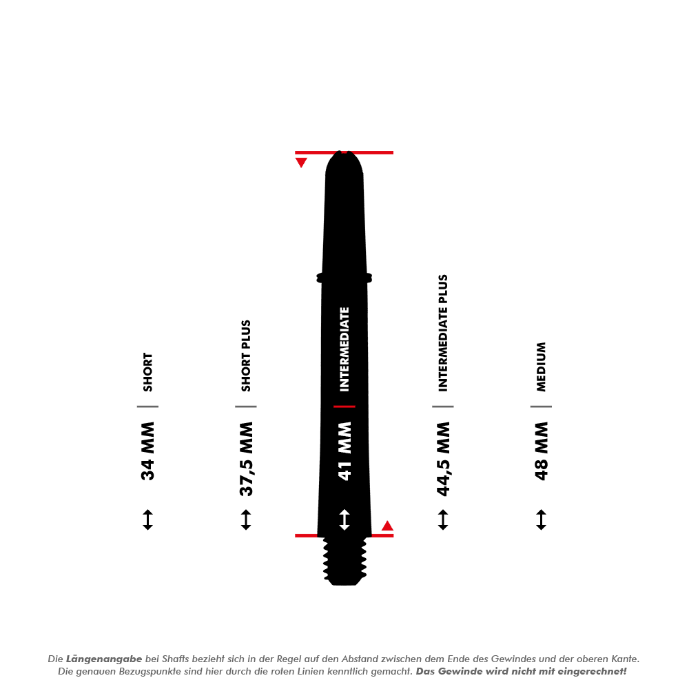 110180_Target_Pro_Grip_Shafts_5_41mm_5Varianten Das Bild zeigt fünf verschiedene Längen von Target Pro Grip Shafts für Dartpfeile, von 34 mm bis 48 mm. Die Längenangaben beziehen sich auf den Abstand zwischen dem Ende des Gewindes und der oberen Kante ohne das Gewinde.