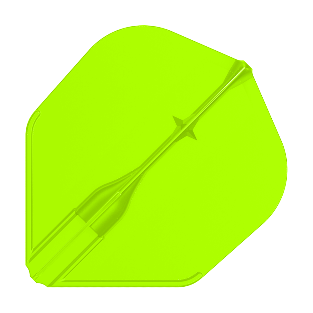 Vuelos L-L-Style3EZ Das Bild zeigt eine leuchtend grüne Dartflight-Flosse. Sie hat eine leicht transparente Oberfläche und eine klassische Form.