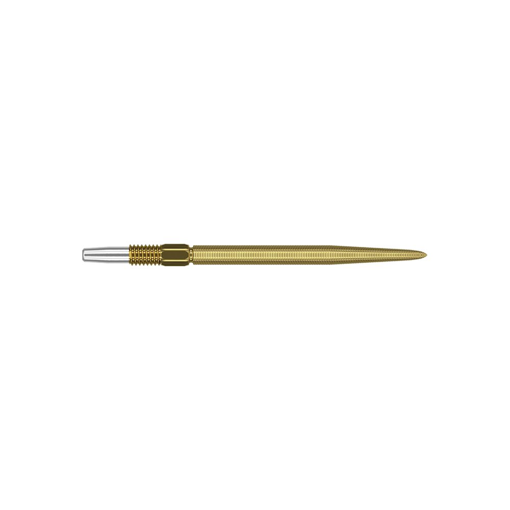 Puntas para dardos Target Swiss Point Nano - Oro Dies ist eine goldfarbene Dartspitze mit feiner Riffelung. Sie hat am Ende ein silbernes Verbindungsstück.