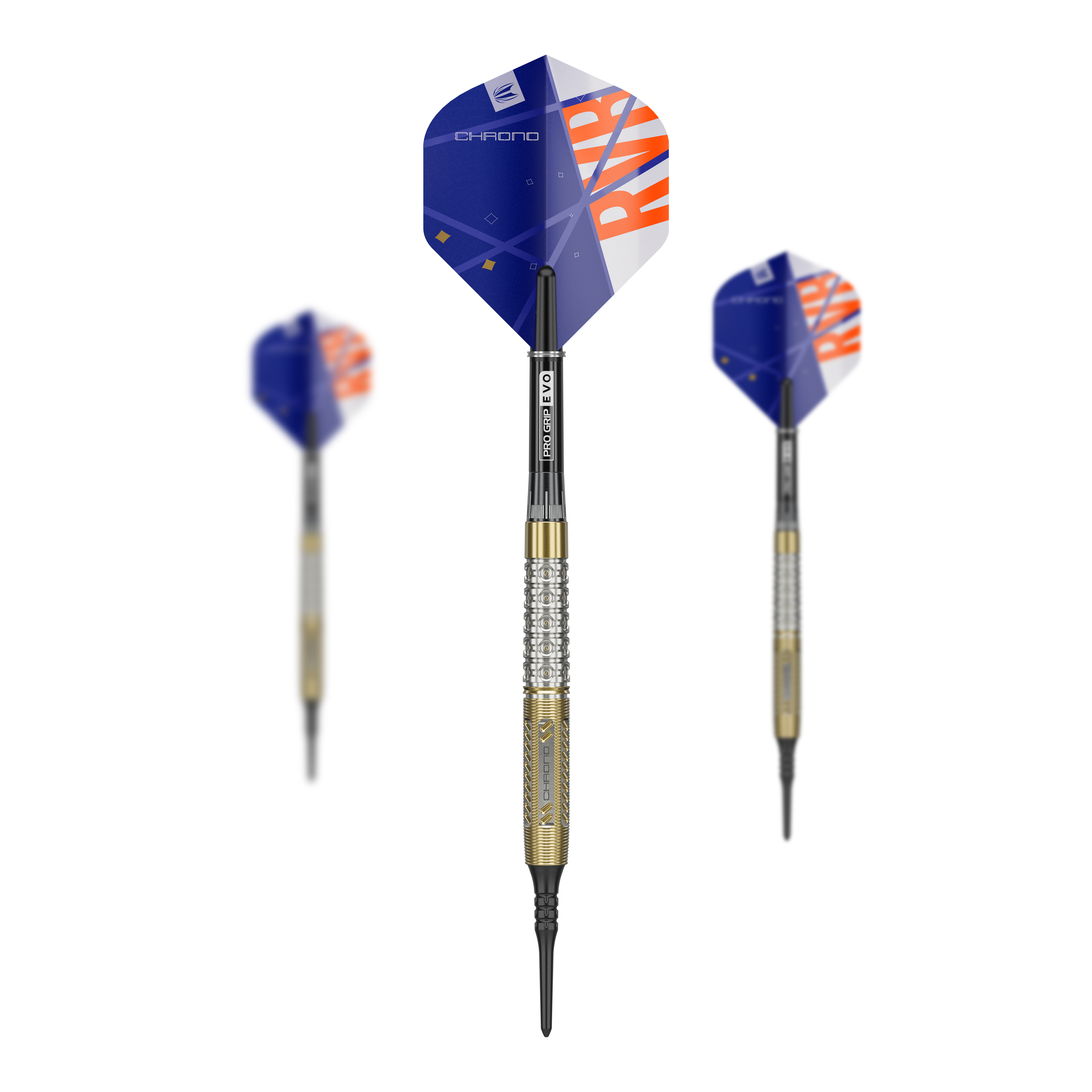 Target Raymond Van Barneveld Chrono 95 dardos blandos Das Bild zeigt drei Softdarts des Modells "Target Raymond Van Barneveld Chrono 95". Die Darts haben blaue Flights mit orange-weißer Beschriftung und einen silber-goldenen Schaft.