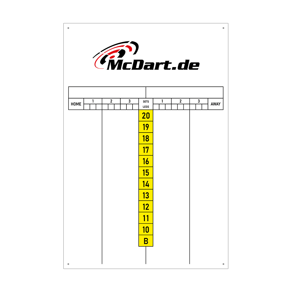 SCORE3_McDart_Scoreboard_40x60cm_Gelb_1 Das Bild zeigt eine Anzeigetafel für Darts mit der Aufschrift "McDart.de" oben. In der Mitte sind gelbe Kästchen mit den Zahlen 20 bis 10 und dem Buchstaben B aufgereiht.