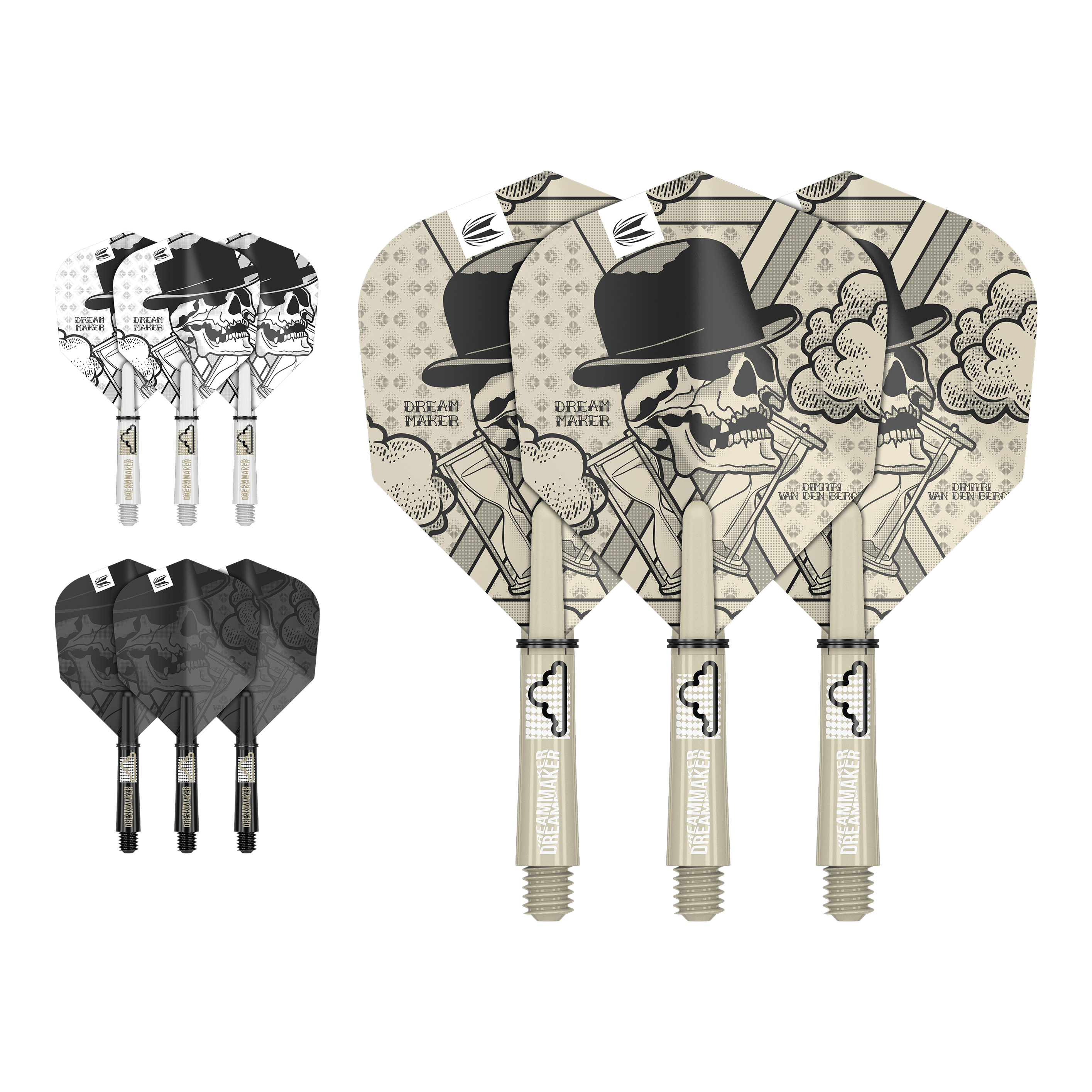 Kit de eje de vuelo Target Ink de Dimitri Van Den Bergh Das Bild zeigt drei unterschiedlich gestaltete Dartflights und -schäfte mit einem Totenkopf-Motiv und dem Text "Dream Maker". Die Designs sind in den Farben Beige, Schwarz und Weiß gehalten.