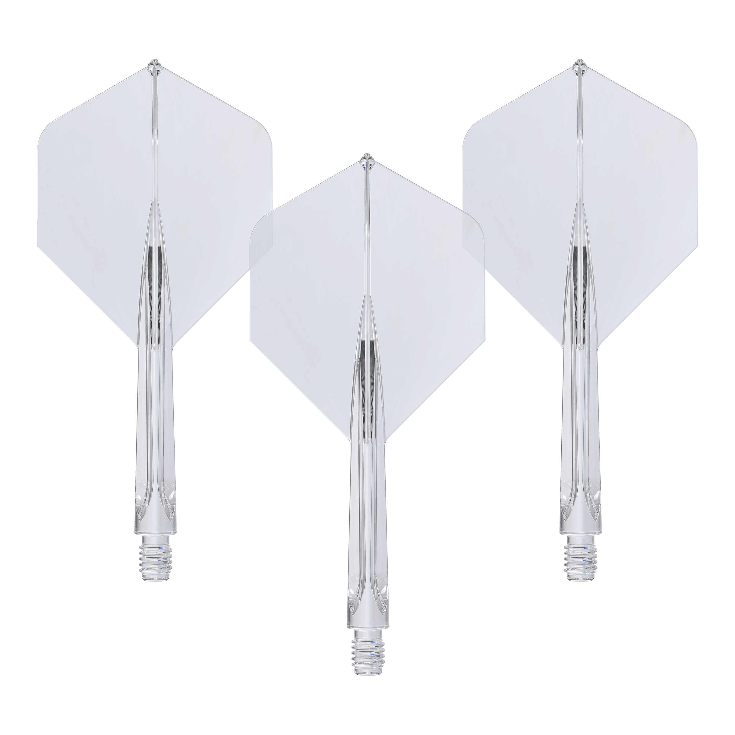 Plumas estándar Unicorn Forge All In One Plus No2, transparentes, medianas Das Bild zeigt drei klare, mittellange Unicorn Forge All In One Plus No2 Standard Flights. Sie sind durchsichtig und haben eine integrierte Flight- und Schaft-Konstruktion.