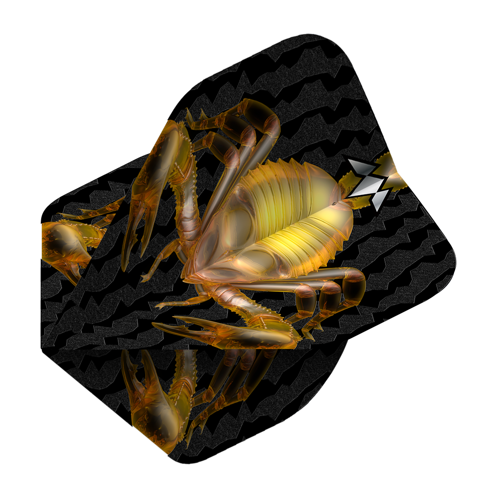 Vuelos estándar de Mission Solo Scorpion No2 Das Bild zeigt ein schwarzes Dartflugblatt mit einem goldenen Skorpion-Design in der Mitte. Im Hintergrund sind wellenförmige Muster zu sehen.