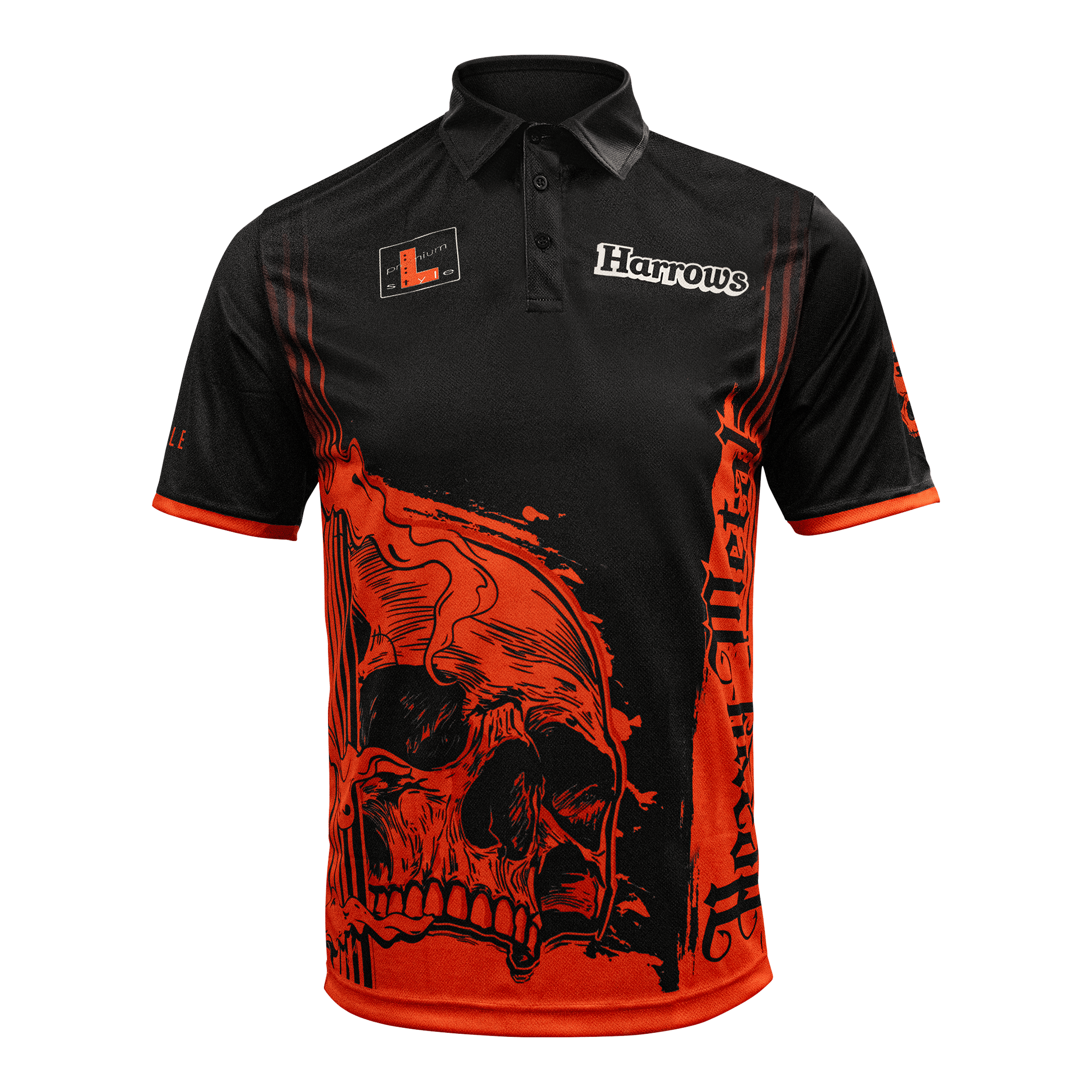 Camiseta de Ryan Searle, jugador de heavy metal de Harrow Das Bild zeigt das Harrows Ryan Searle Heavy Metal Playershirt. Es ist ein spezielles Dartshirt, das für Spieler entworfen wurde.