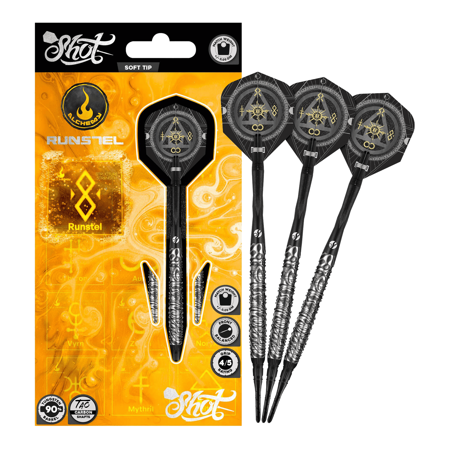 Dardos blandos Shot Alchemy Runstel - 20 g Das Bild zeigt die Shot Alchemy Runstel Softdarts mit 20 Gramm Gewicht. Die Darts sind vollständig und detailliert abgebildet.