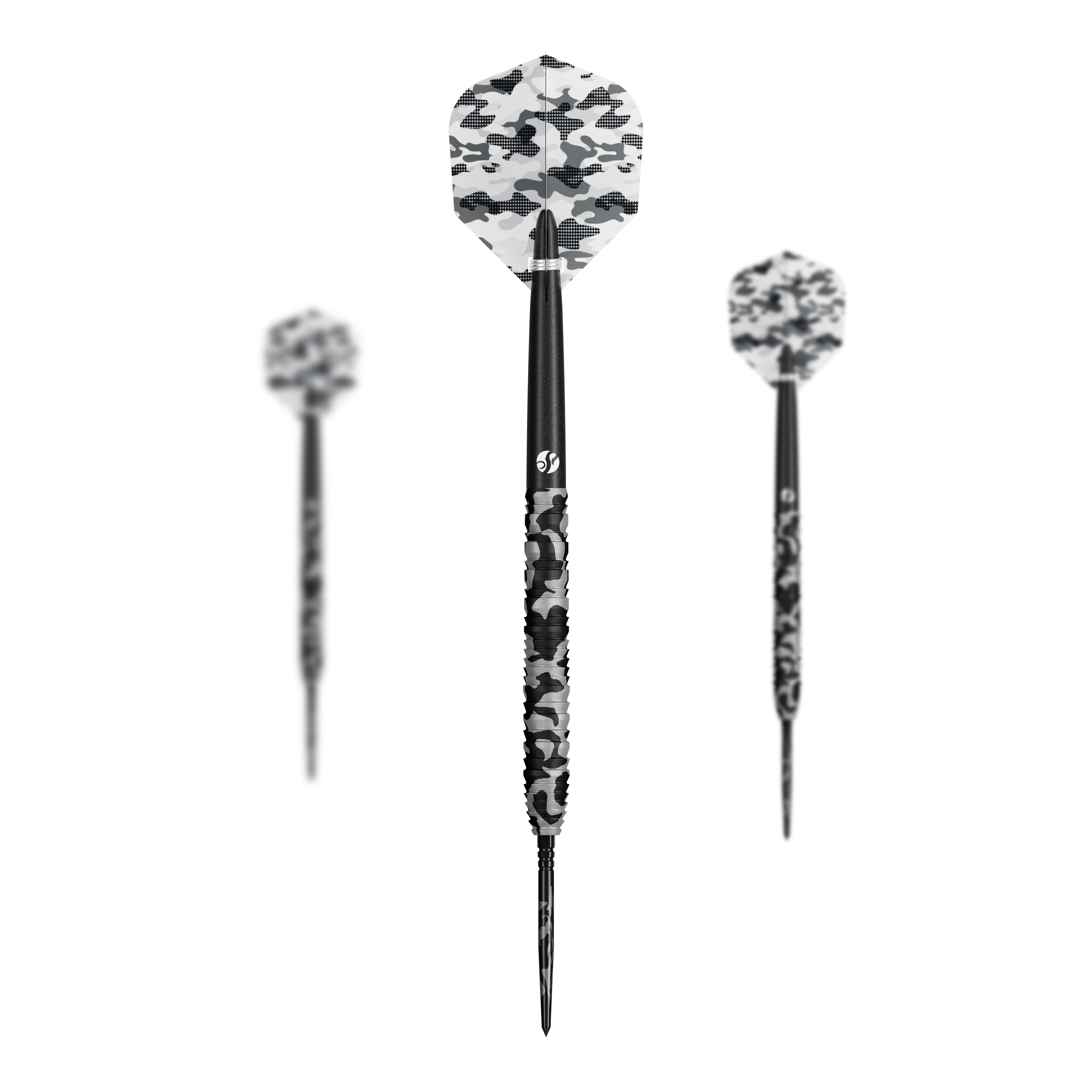 Shot Camo Polar Turbo Point Steeldarts Abgebildet ist ein Set Shot Camo Polar TurboPoint Steeldarts. Die Darts sind aufgereiht und dekorativ gestaltet.