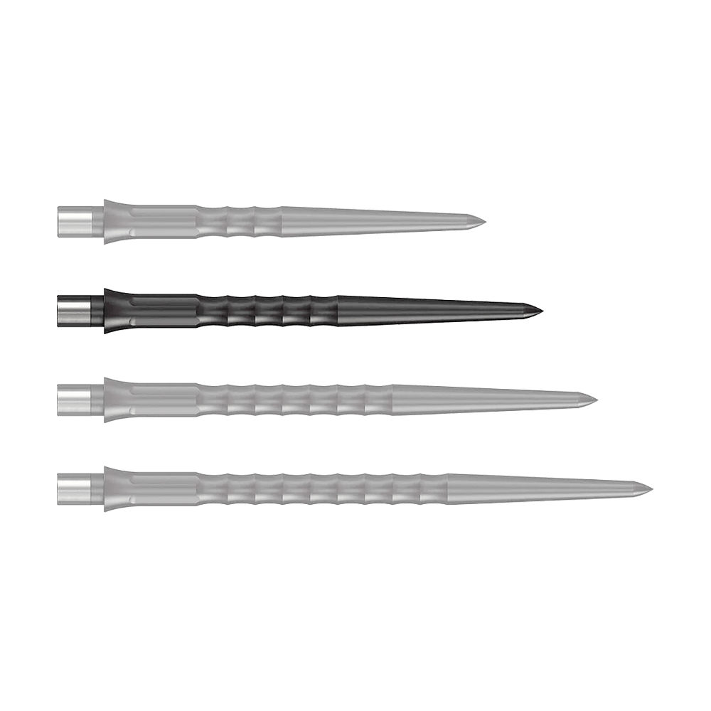 Puntas Steeldart del sistema Caliburn - Ondulada - Sin labio - Negras Auf dem Bild ist eine schwarze Steeldartspitze mit Ripple NoLip Design, 32 mm lang, zu sehen. Sie ist Teil des Caliburn Evo Systems.
