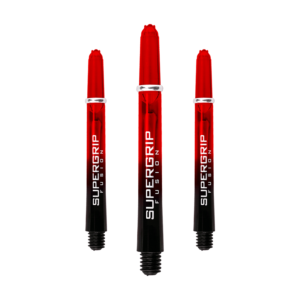 HR344_Harrows_Supergrip_Fusion_Shafts_Rot_47mm_1bmv0Cjn6JlYkO Das Bild zeigt drei Harrows Supergrip Fusion Shafts in der Farbe Rot. Die Schäfte sind teilweise transparent und verlaufen von Rot zu Schwarz mit weißer Aufschrift.