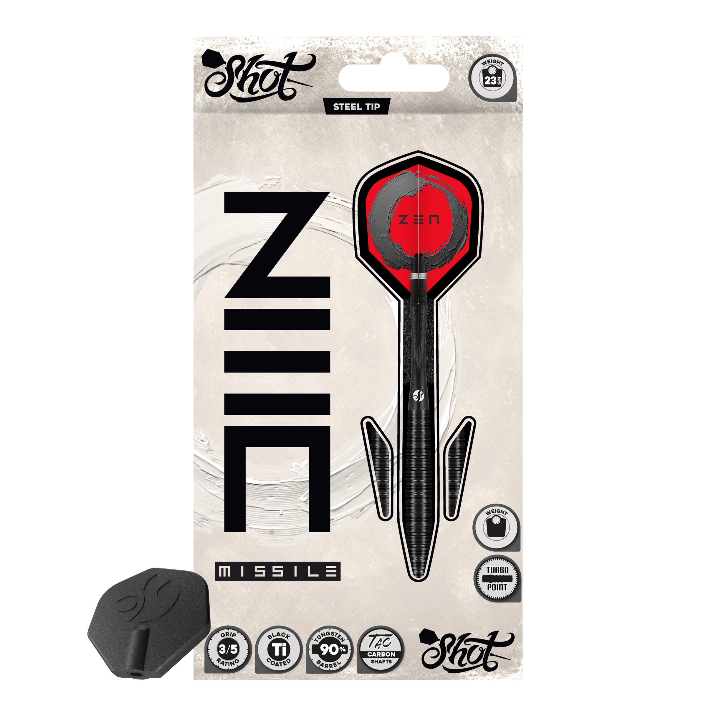 Dardos de acero Shot ZEN Missile Turbo Point - 23 g Das Bild präsentiert die Shot ZEN Missile Turbo Point Steeldarts - 23g. Diese sind besonders präzise und griffig gestaltet.