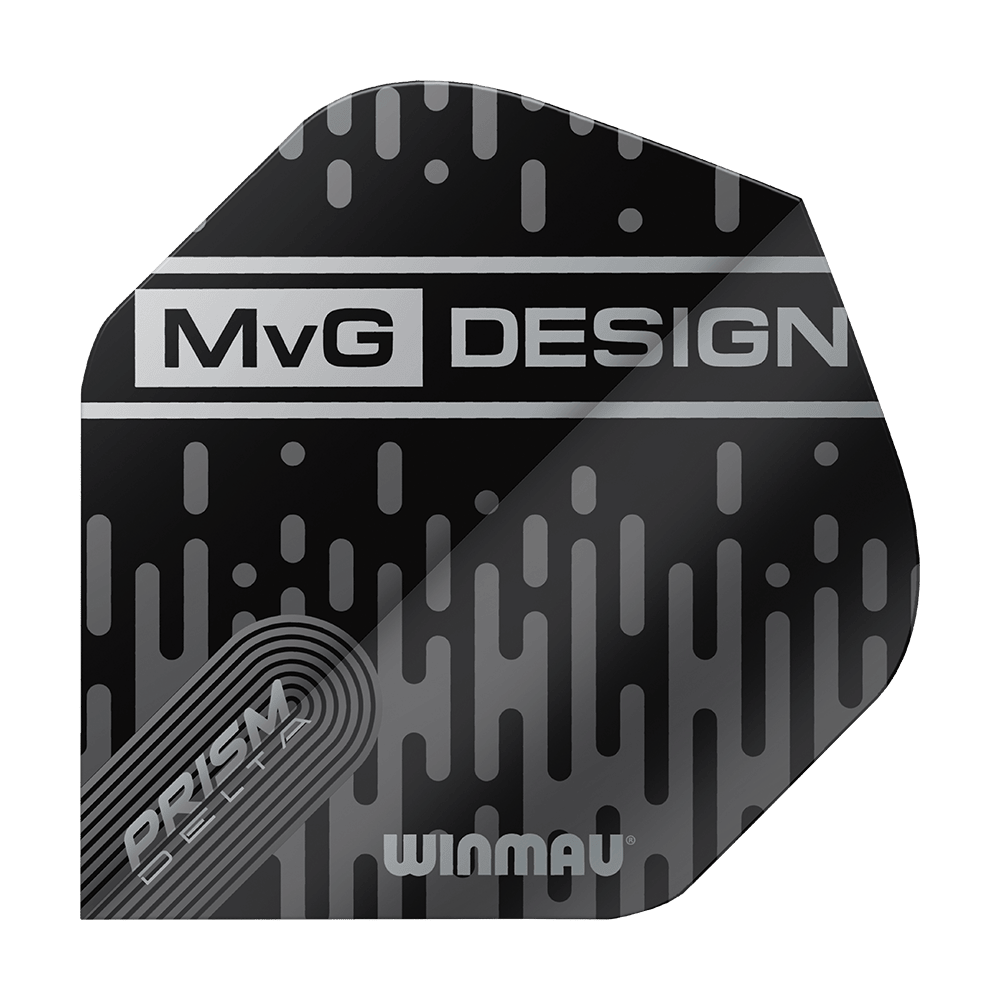 6915-214_Winmau_Prism_Delta_MvG_6915-214_Standard_Flights_1TL8y0Xq5nTsU1 Das Bild zeigt ein schwarzes Dart-Flight mit silbernen Mustern und der Aufschrift "MvG DESIGN". Unten auf dem Flight stehen die Wörter "PRISM DELTA" und "WINMAU".