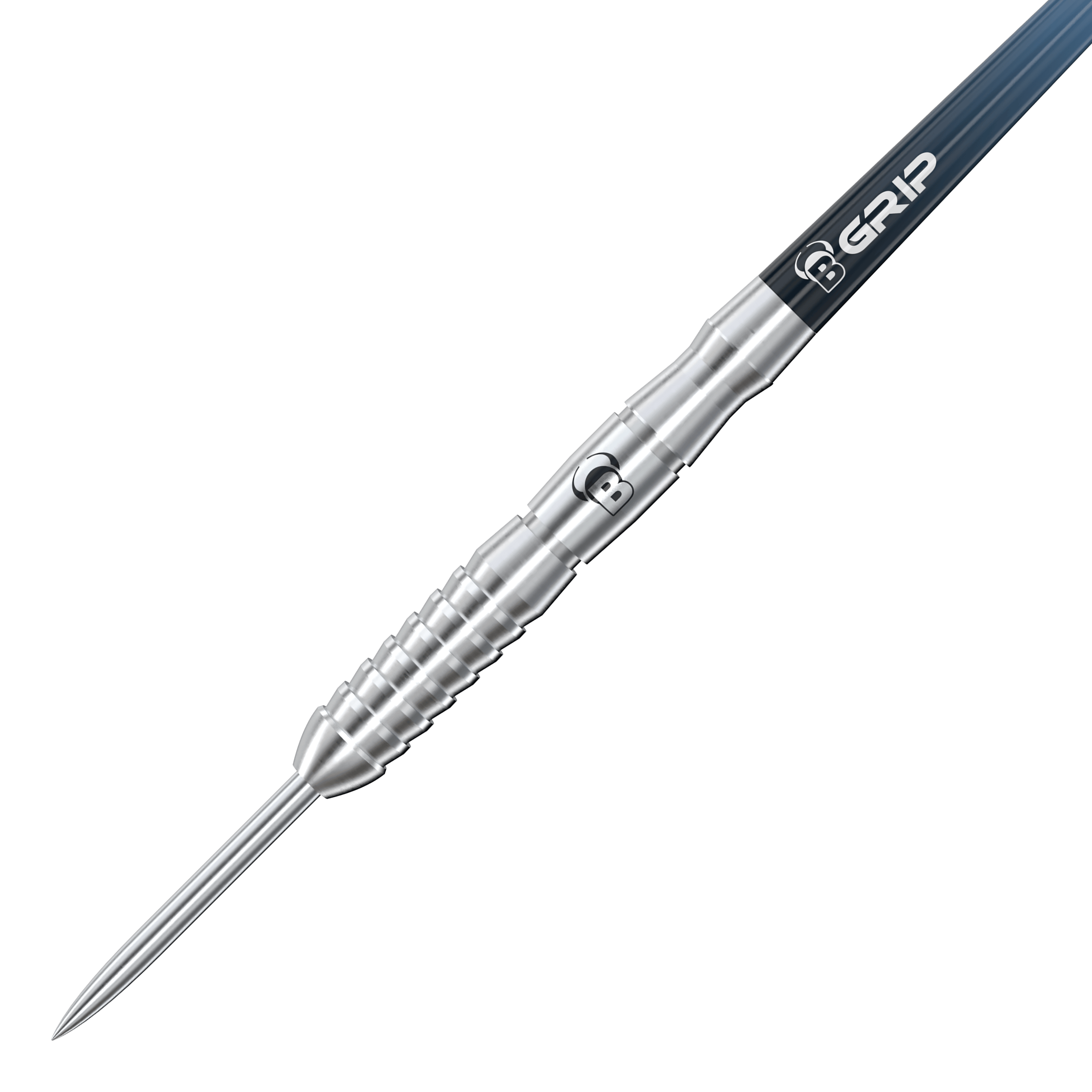 Dardos de acero Bulls Stone S3 Auf dem Bild ist ein silberner Steeldart mit dem Namen "Bulls Stone S3 Steeldarts" zu sehen. Der Dart hat ein markantes Rillen-Design und einen spitzen Metallkopf.