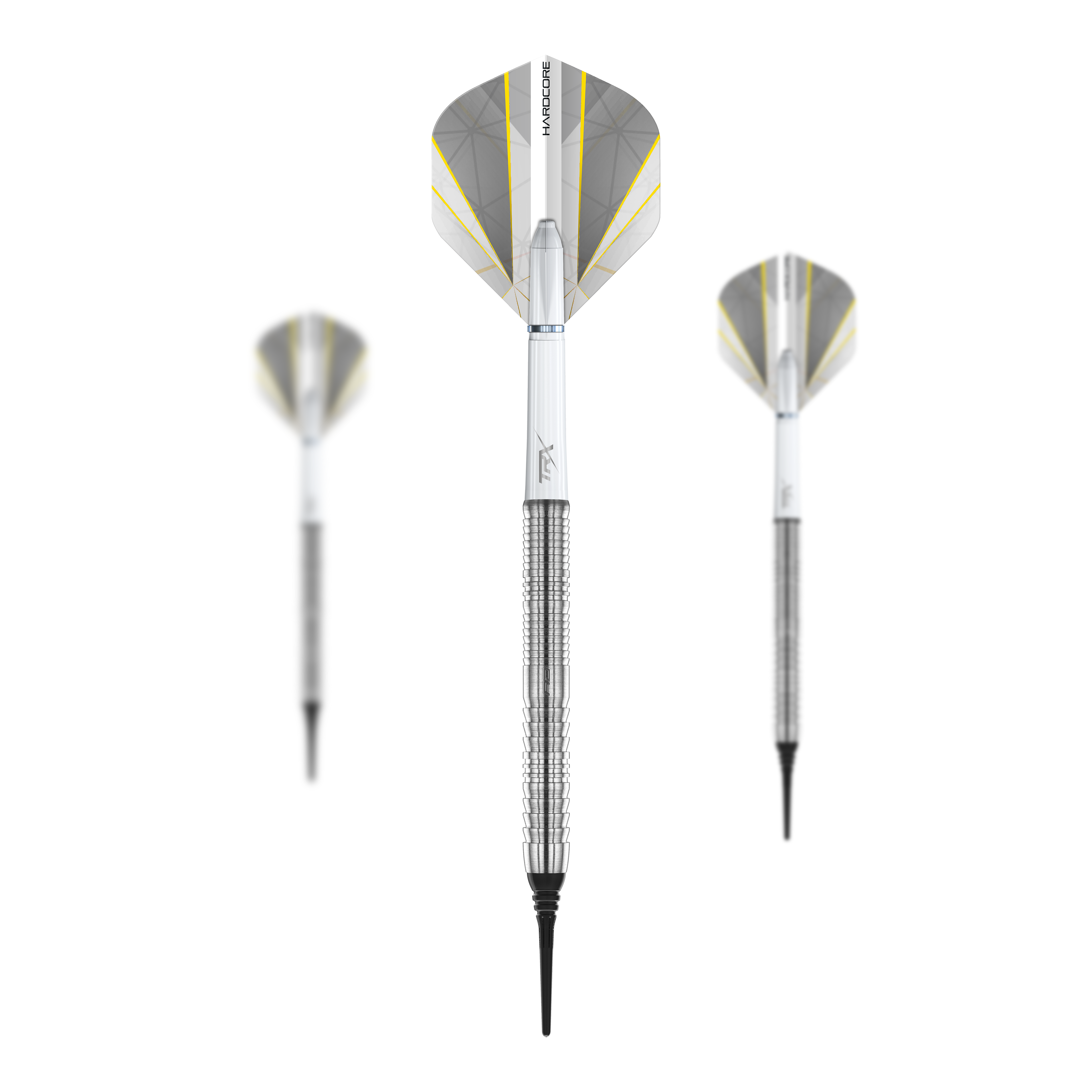 Dardos blandos Red Dragon Seren 1 Pure - 20 g Das Bild zeigt drei "Red Dragon Seren 1 Pure Softdarts - 20g" Pfeile. Sie sind silberfarben mit schwarzen Spitzen und silber-gelb-weißen Flights.