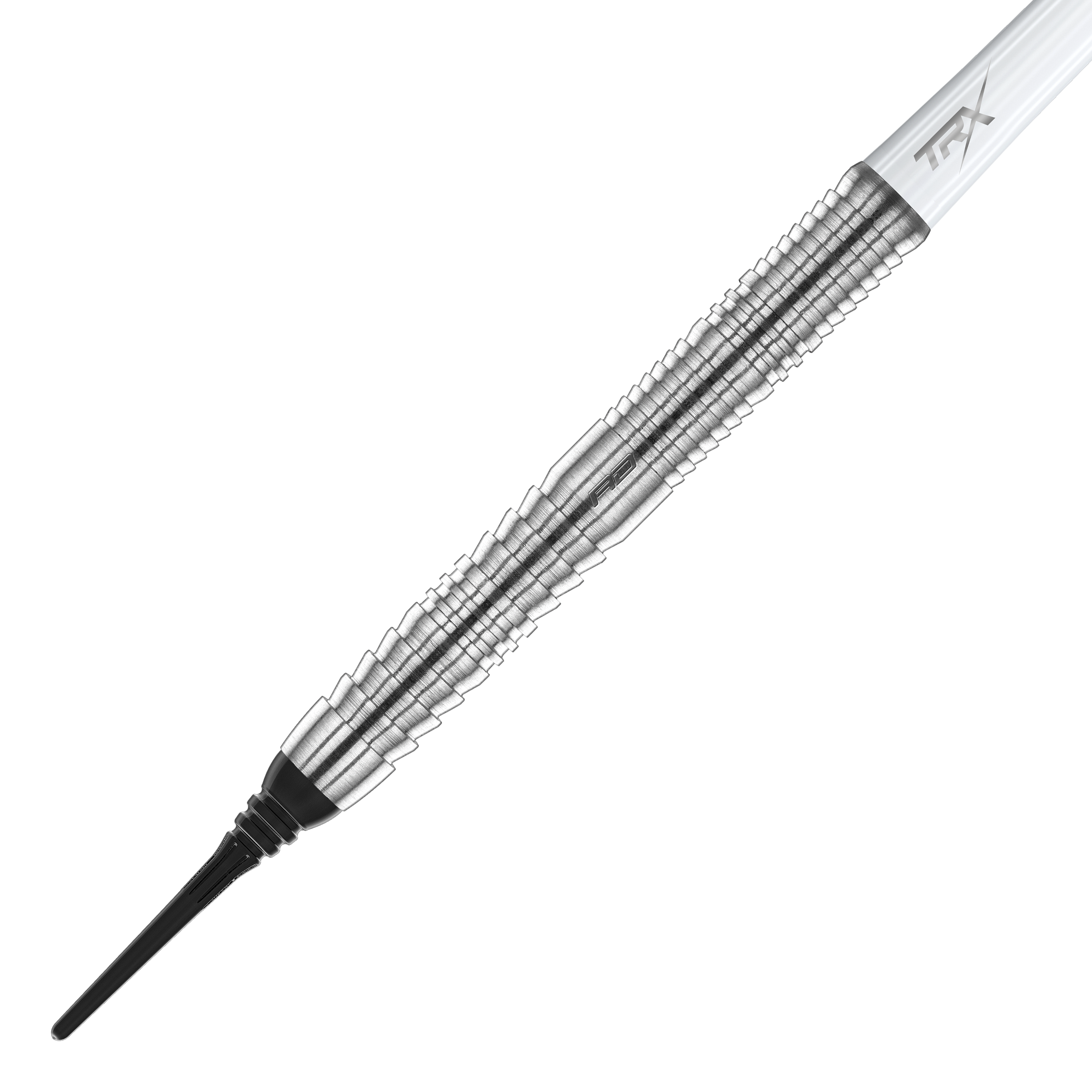 Dardos blandos Red Dragon Seren 1 Pure - 20 g Das Bild zeigt einen Red Dragon Seren 1 Pure Softdart mit einem Gewicht von 20 Gramm. Der Dartpfeil hat ein silberfarbenes, geriffeltes Metallgehäuse und eine schwarze Softspitze.