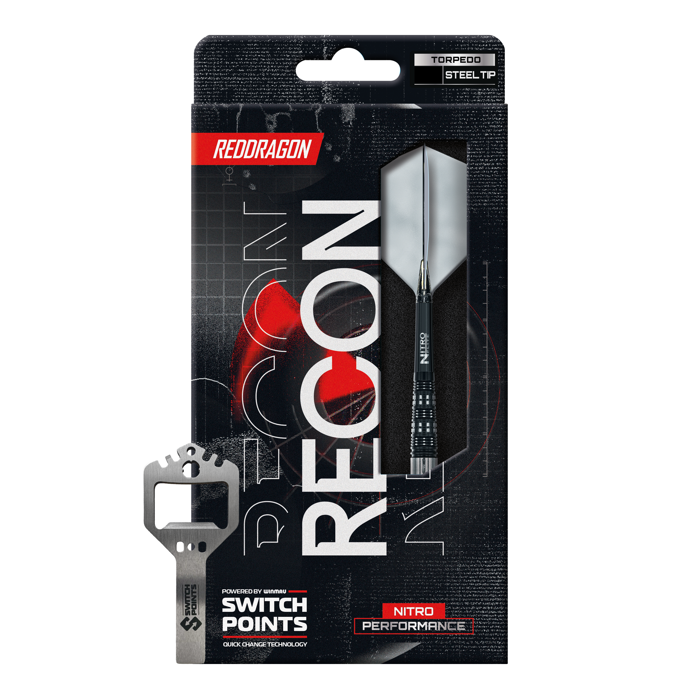 Dardos de acero Red Dragon Recon Torpedo Switch Point Auf dem Bild sind die Red Dragon Recon Torpedo Steeldarts - 23g zu erkennen. Die Steeldarts liegen parallel zueinander.