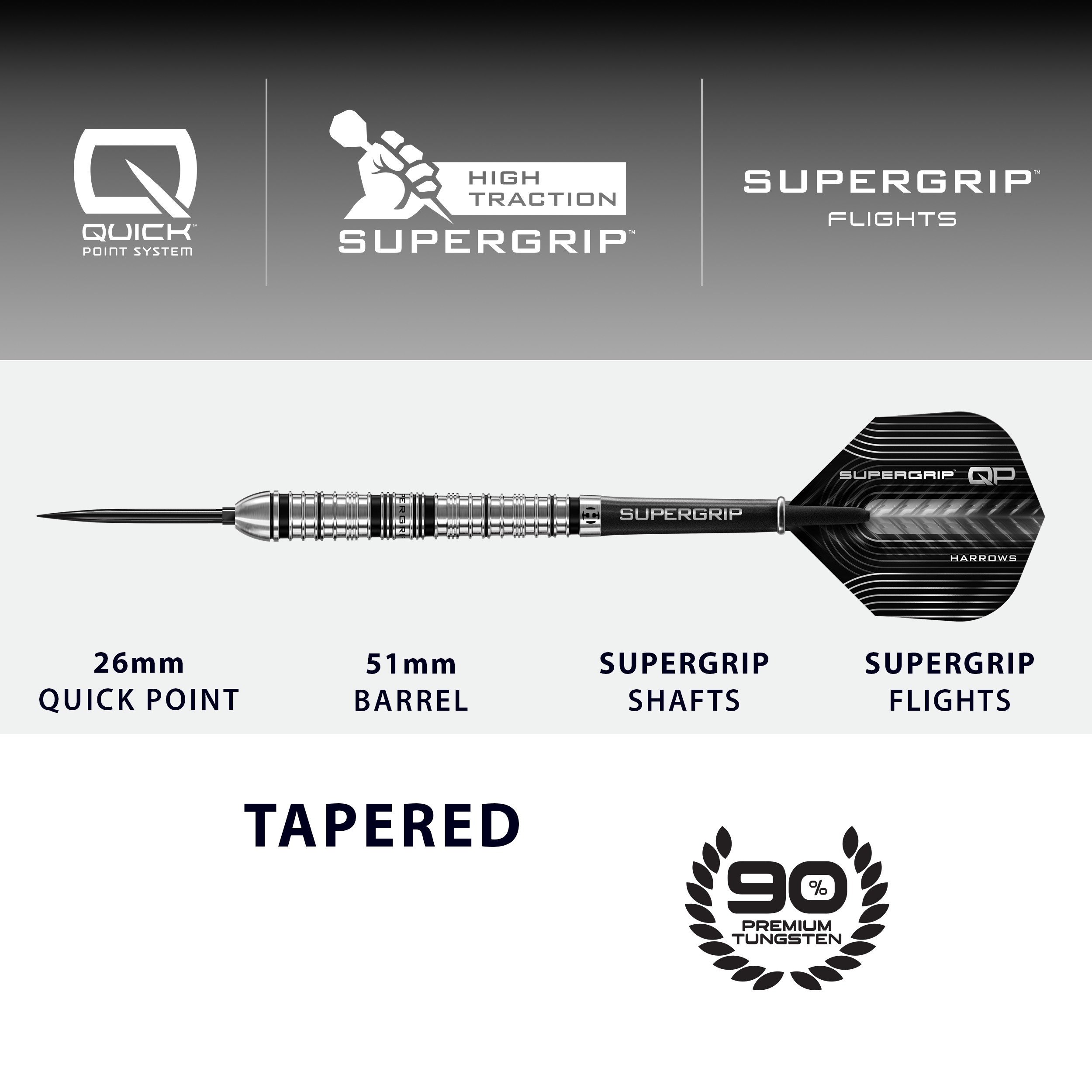Dardos de acero de punta rápida cónica Supergrip de Harrows Abgebildet sind die Harrows Supergrip QP Tapered Quick Point Steeldarts. Sie eignen sich ideal für ein präzises Dartspiel.
