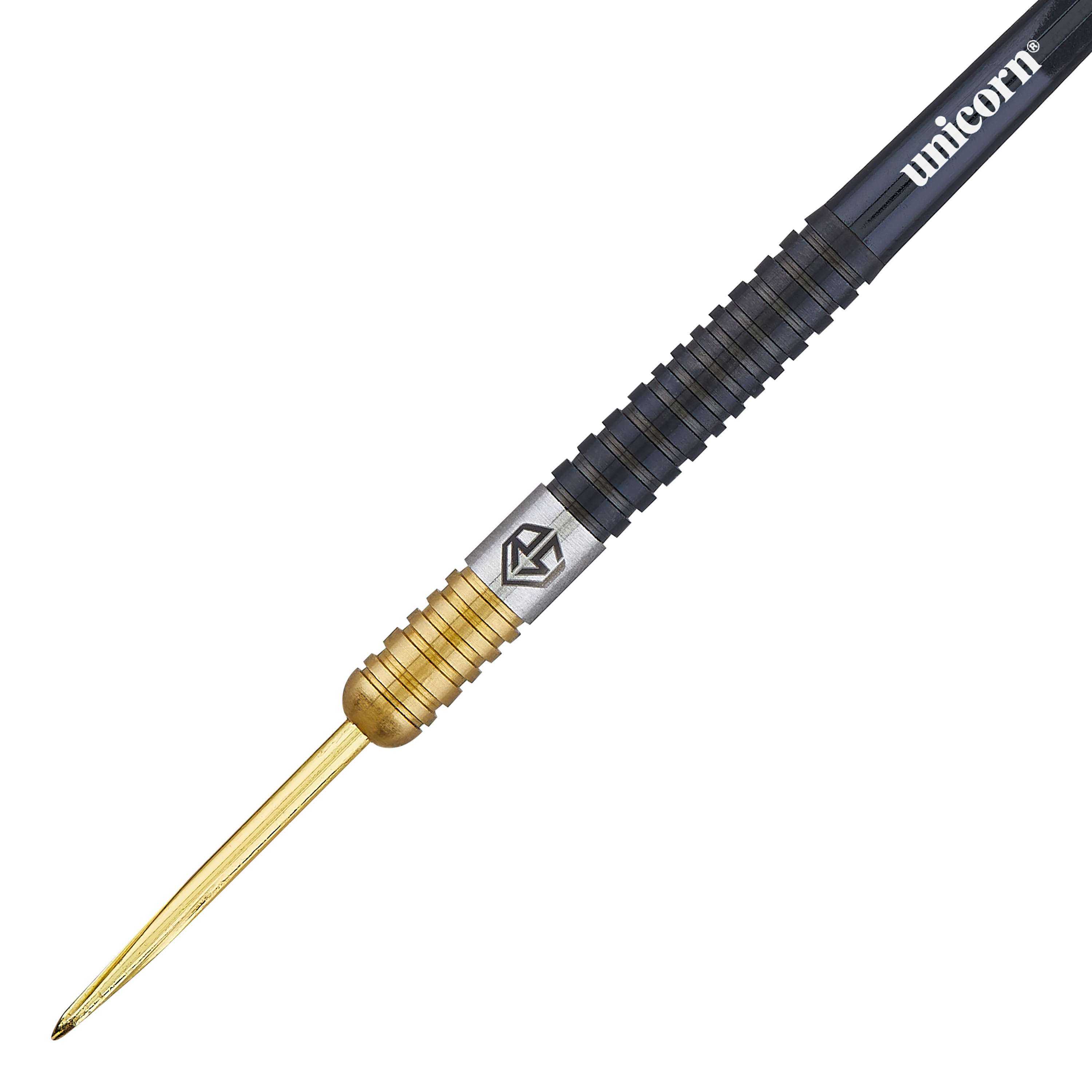 Dardos de acero bicolor Unicorn Ross Smith Das Bild zeigt einen Steeldart aus der Unicorn Ross Smith Two-Tone Serie. Der Dart ist zweifarbig mit einem goldenen vorderen Teil und einem schwarzen hinteren Teil gestaltet.