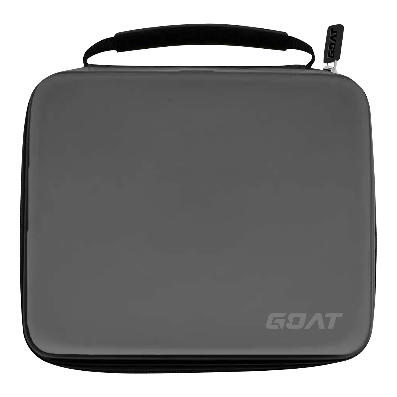 Auf dem Bild ist ein graues Etui mit einem Griff und einem Reißverschluss zu sehen. In der rechten unteren Ecke befindet sich das Logo „GOAT“.
