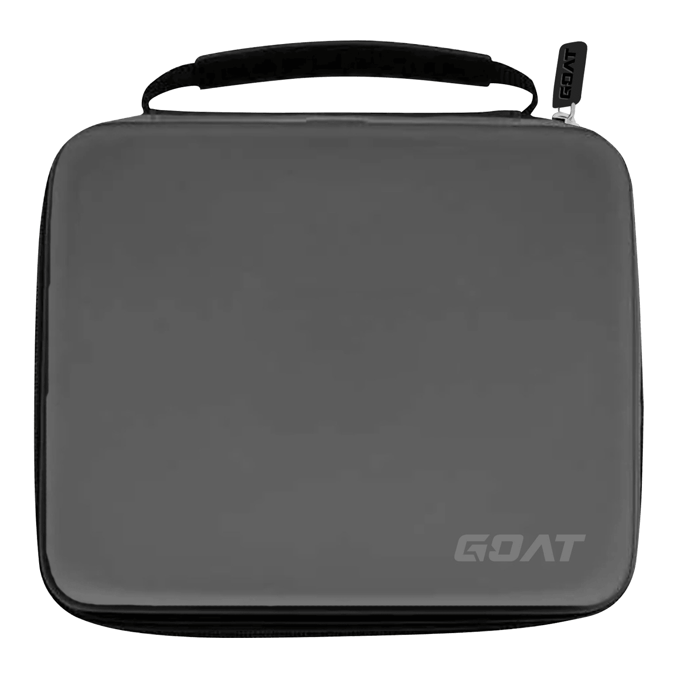 Cartera de dardos GOAT Locker XXL Auf dem Bild ist ein graues Etui mit einem Griff und einem Reißverschluss zu sehen. In der rechten unteren Ecke befindet sich das Logo „GOAT“.