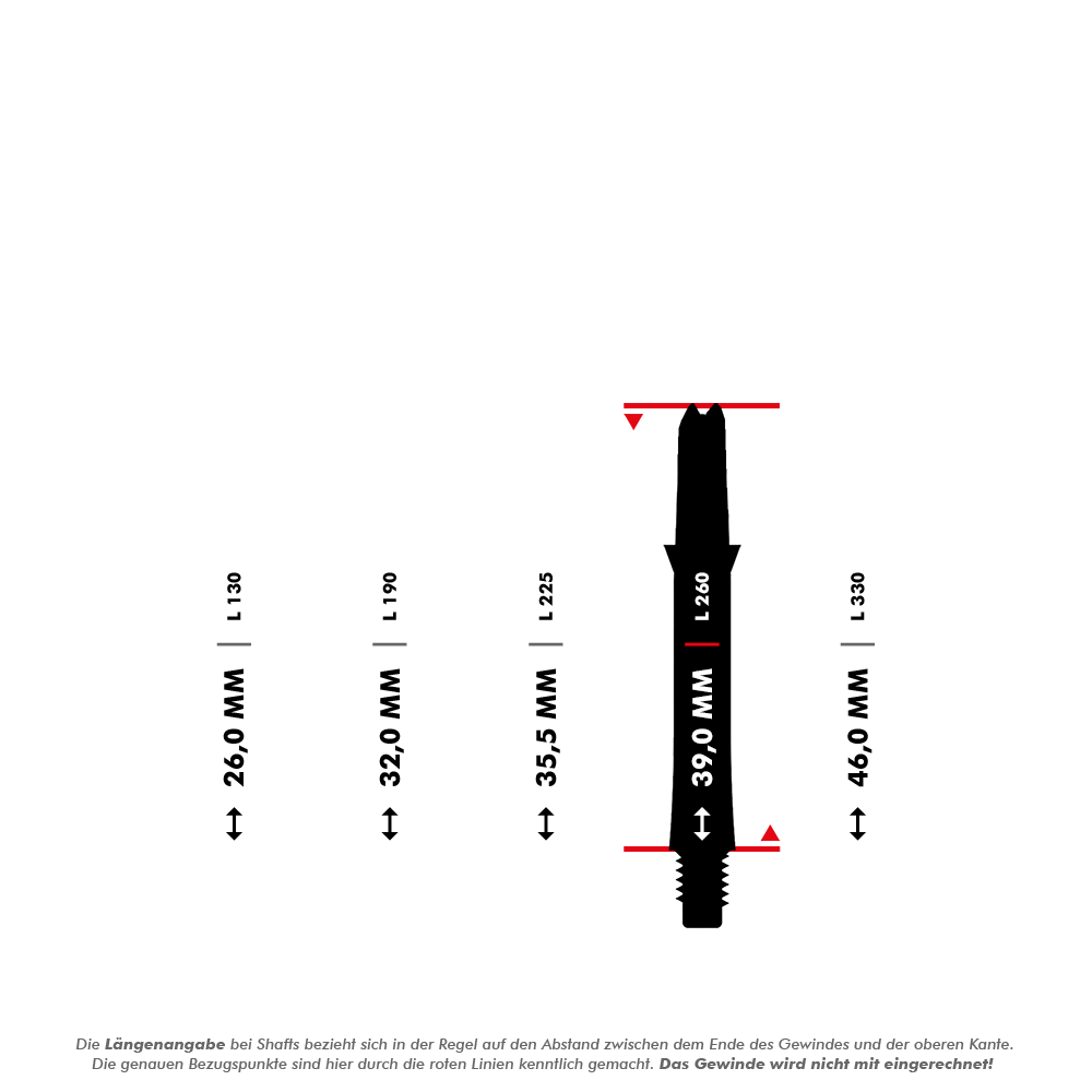 Ejes de carbono estilo L Das Bild zeigt verschiedene Längen von Carbon Shafts ohne Kappen, die in Millimetern angegeben sind. Die Maße reichen von 26,0 mm bis 46,0 mm und beziehen sich auf den Abstand zwischen dem Ende des Gewindes und der oberen Kante.