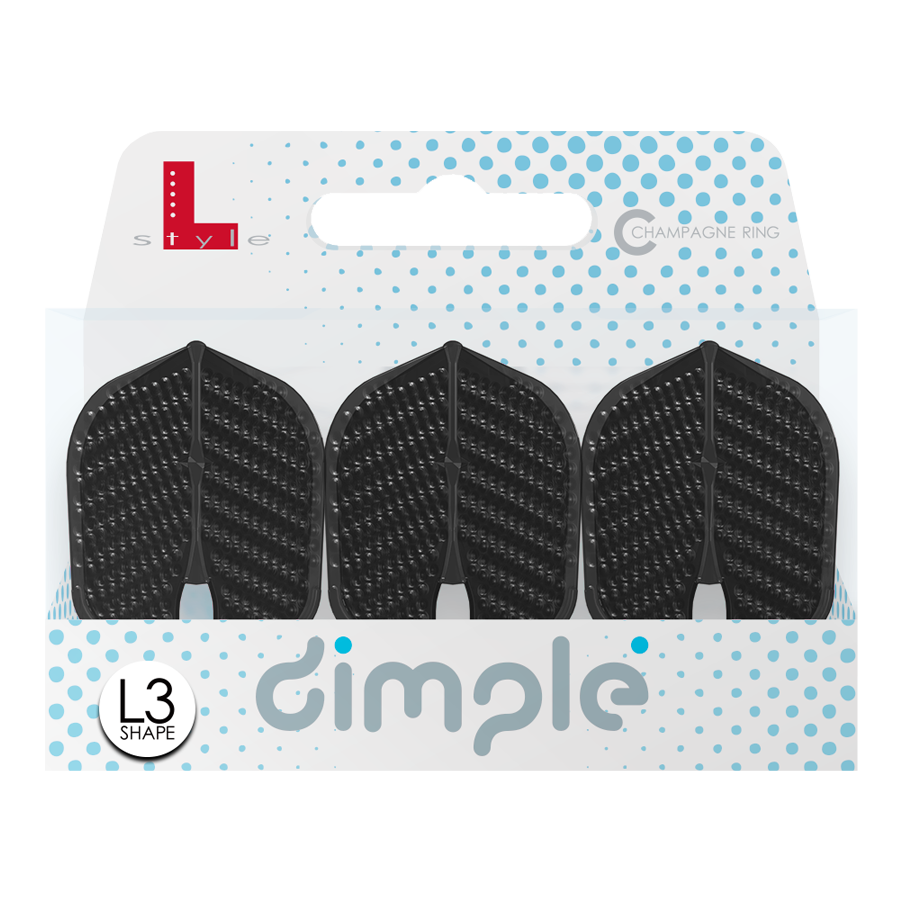 Plumas estilo L Dimple Champagne Forma L3PRO Das Bild zeigt eine Packung mit drei schwarzen L-Style Flights Dimple im L3PRO Shape. Die Verpackung ist weiß mit blauen Punkten und der Aufschrift „dimple“.
