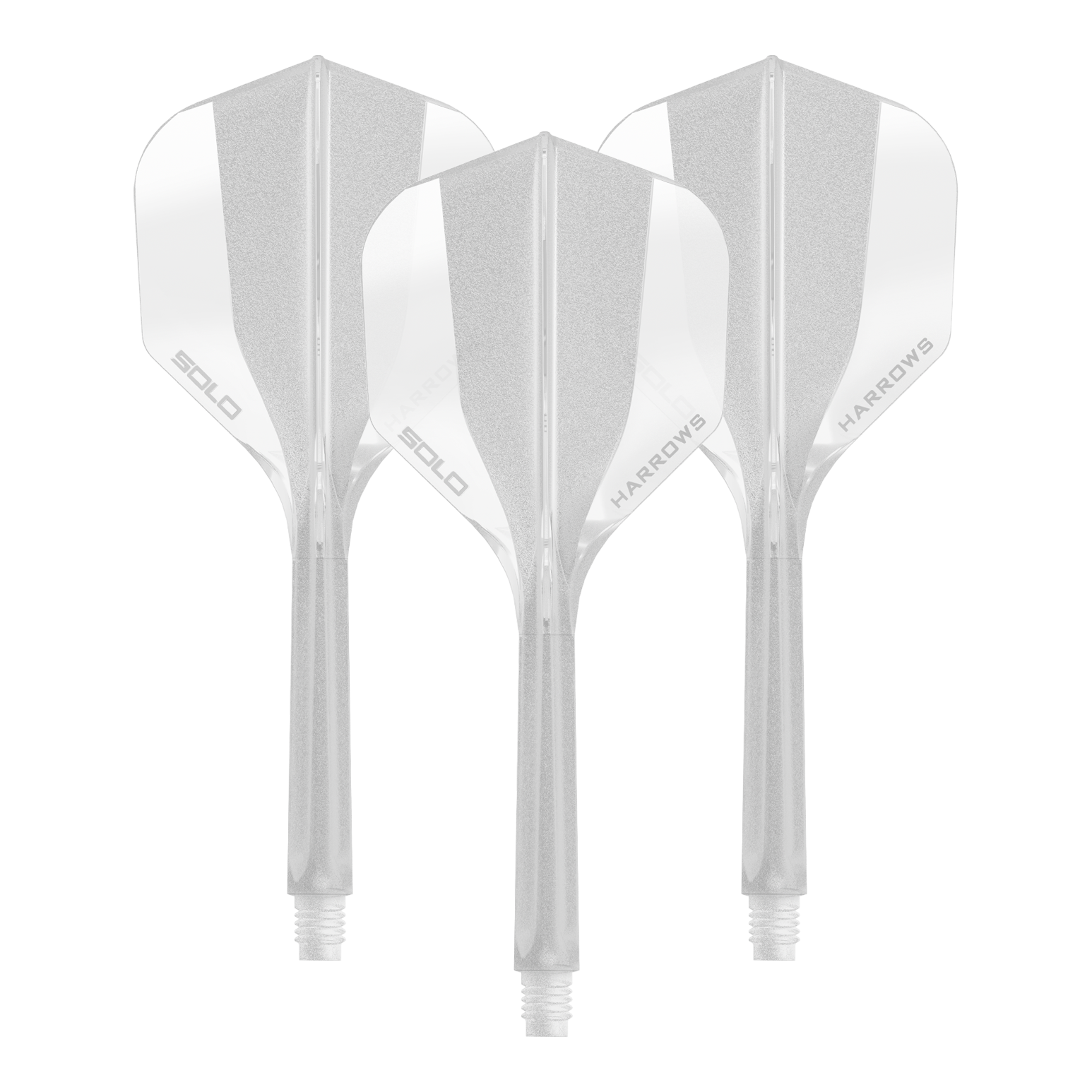 Sistema de eje de vuelo Harrows Solo No6 - Transparente Ein transparentes Dart Flight Shaft System der Marke Harrows, Größe 35mm. Das Bild zeigt ein Set des No6 Solo Flight Shaft Systems in klarer Ausführung.