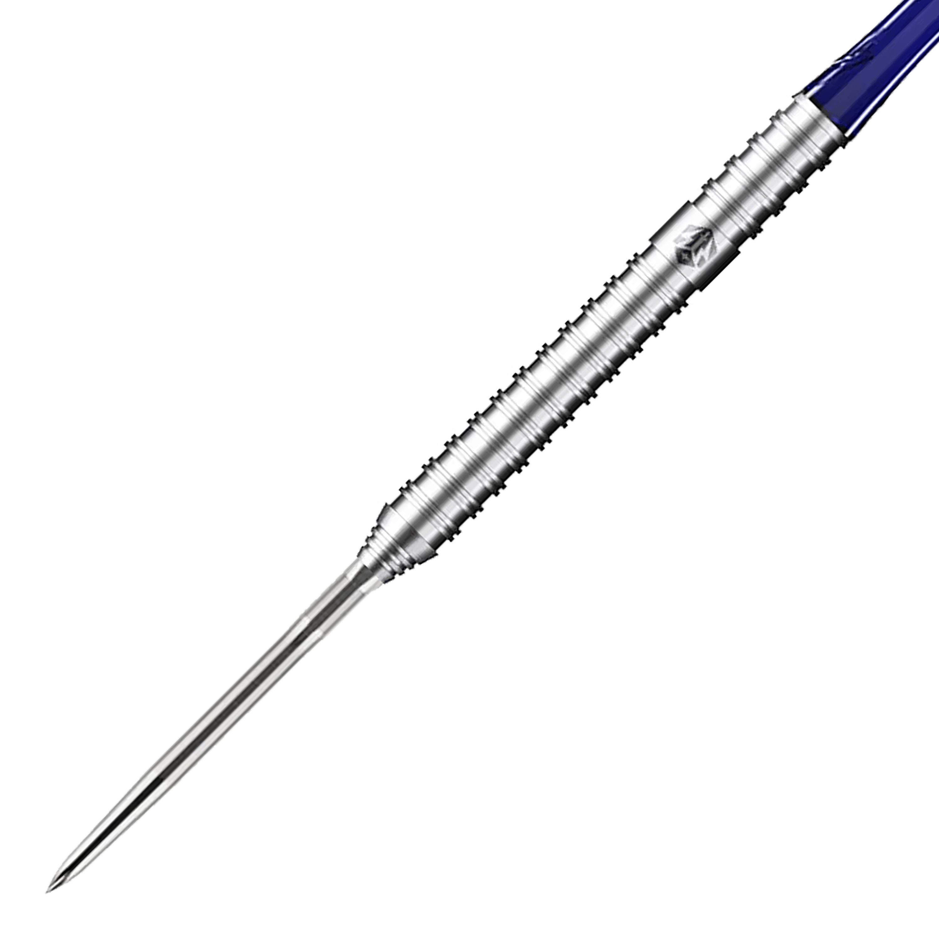 Dardos de acero Caliburn Forge F3 - 22 g Auf dem Bild ist ein Caliburn Forge F3 Steeldart mit einem Gewicht von 22 Gramm zu sehen. Der Dart hat einen silbernen, geriffelten Metallkörper und eine spitze Stahlspitze.