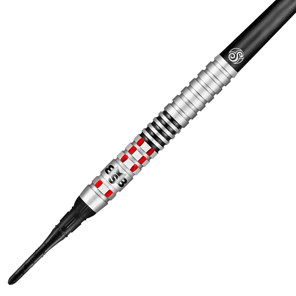 Shot de Michael Smith Achieve Soft Darts Das Bild zeigt einen Shot Michael Smith Achieve Softdart. Der Dartpfeil ist silberfarben mit roten und schwarzen Akzenten und hat eine strukturierte Griffzone.