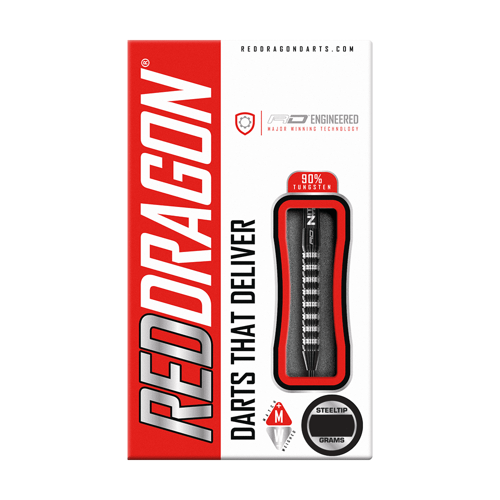 Auf dem Bild ist eine Verpackung für Red Dragon Steeldarts zu sehen. Die Verpackung hebt hervor, dass die Darts zu 90 % aus Wolfram bestehen und für präzises Werfen geeignet sind.
