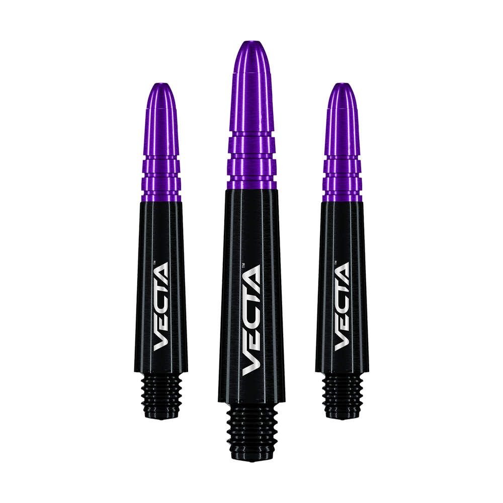 Auf dem Bild sind drei Dartschäfte in Schwarz und Lila zu sehen. Sie tragen die Aufschrift "VECTA" und haben ein modernes Design.