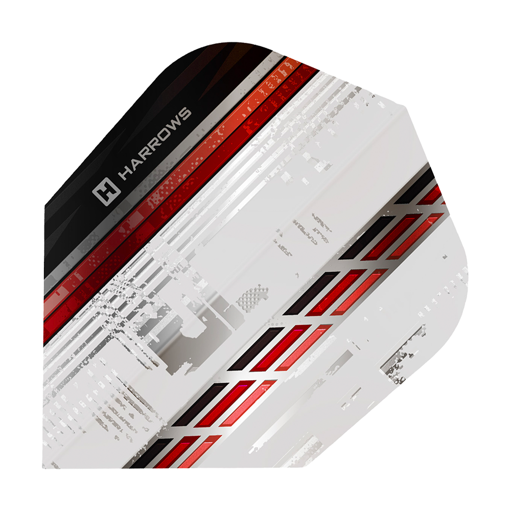 Zu sehen sind Harrows Sporty No6 Flights in Rot. Die Dart-Flights sind typischerweise geformt.
