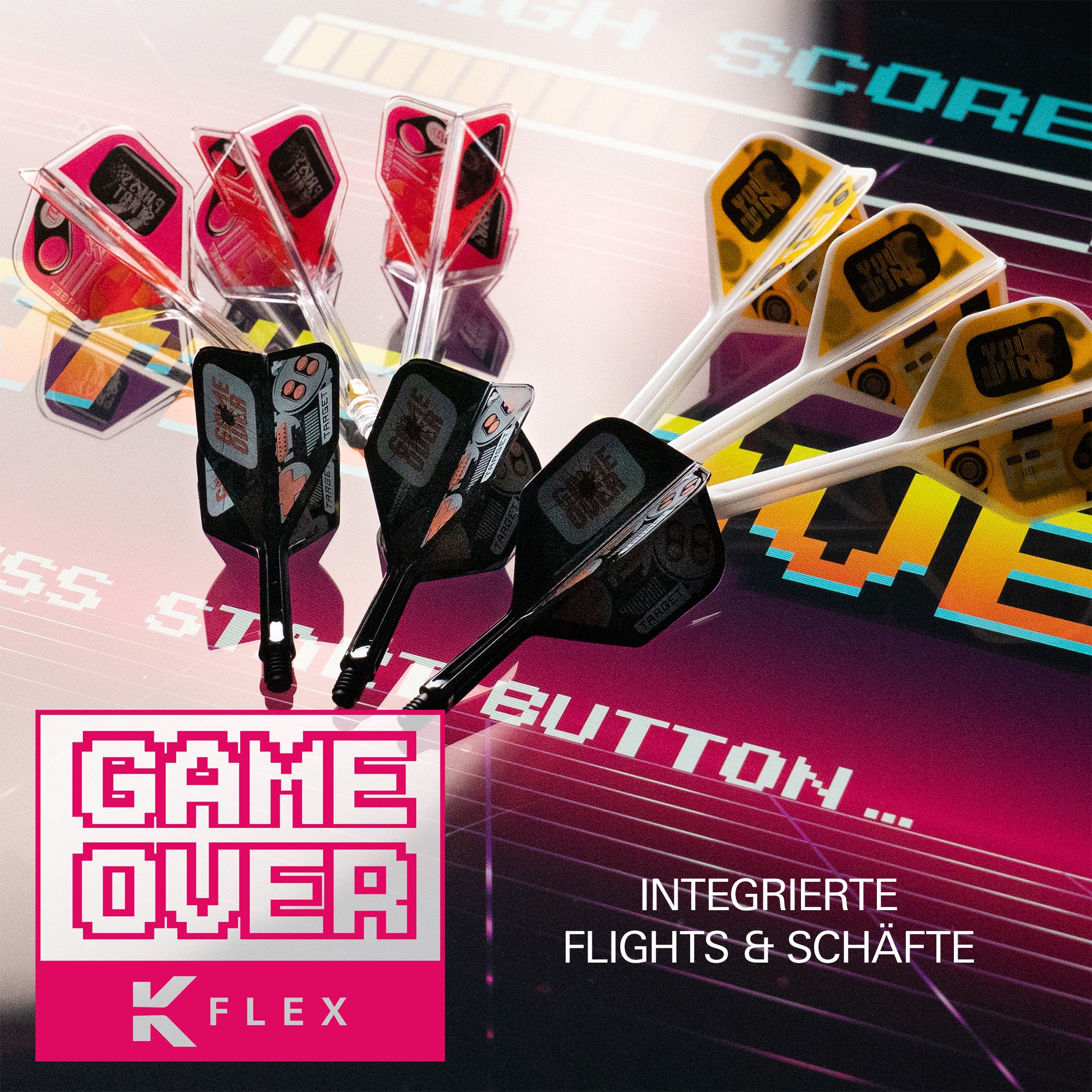 Auf dem Bild ist das Produkt Target K-Flex Game Over No6 Flights zu sehen. Es handelt sich um spezielle Flights für Dartpfeile.