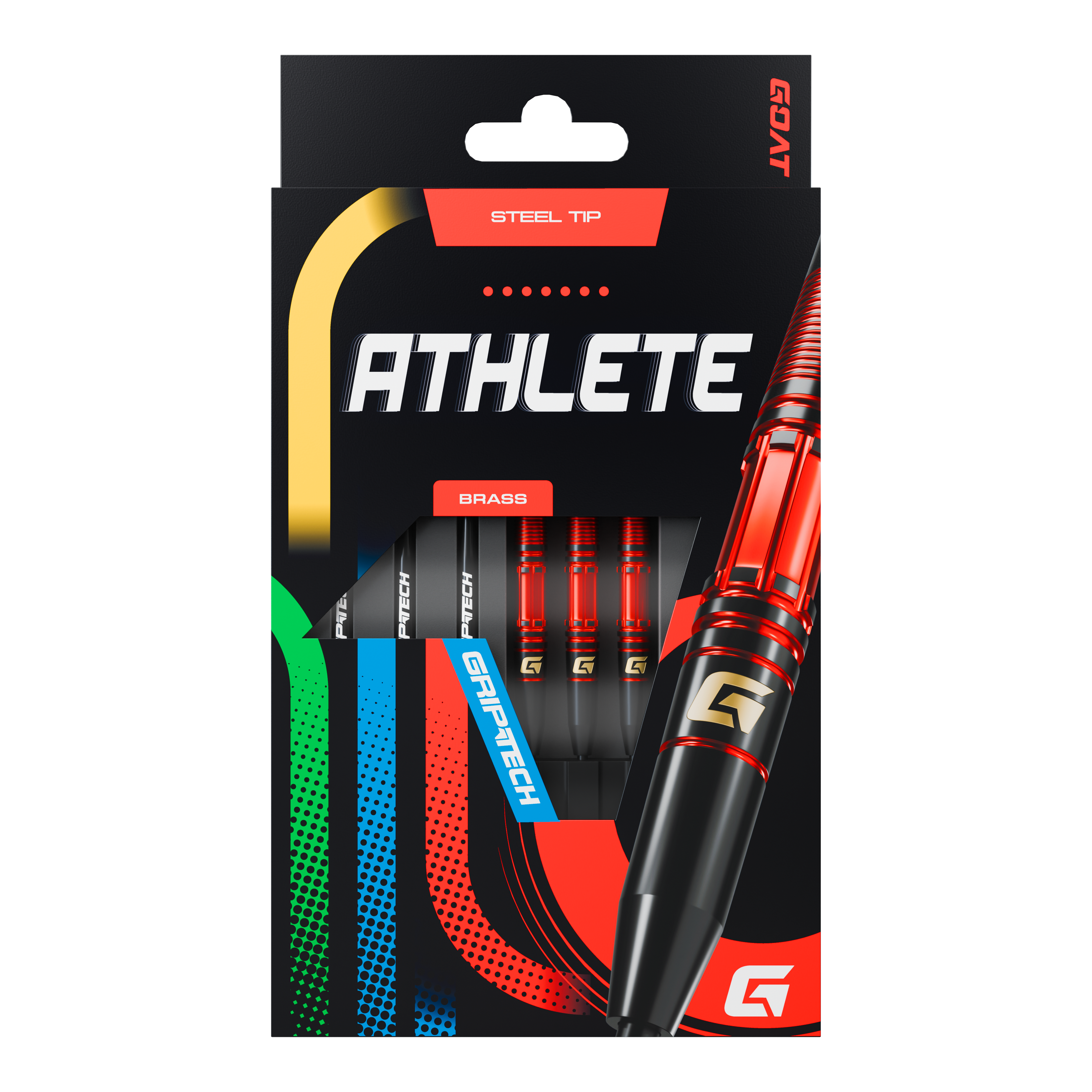 Dardos de acero GOAT Athlete de latón rojo - 11 g Das Bild zeigt die Verpackung der GOAT Athlete Red Brass Steeldarts mit einem Gewicht von 11g. Die Darts haben eine rote und schwarze Farbgebung und verfügen über eine Stahlspitze.