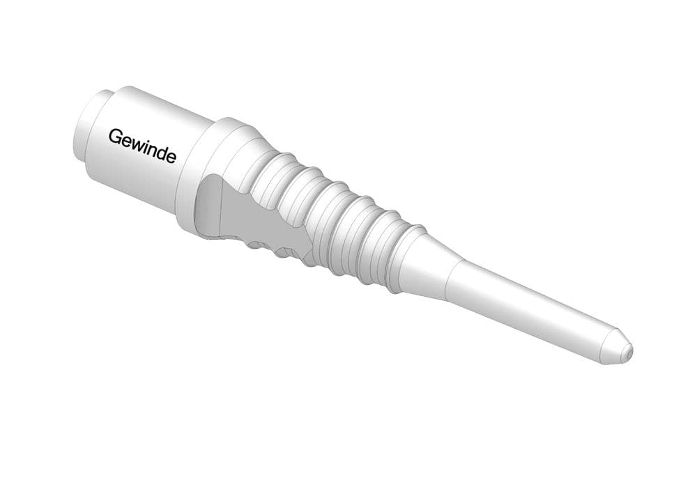 990_McDart_Evo_Grip_2 Das Bild zeigt eine einzelne McDart Evo Grip Spitze für Softdarts. Die Spitze ist weiß und hat eine geriffelte Oberfläche für besseren Halt.