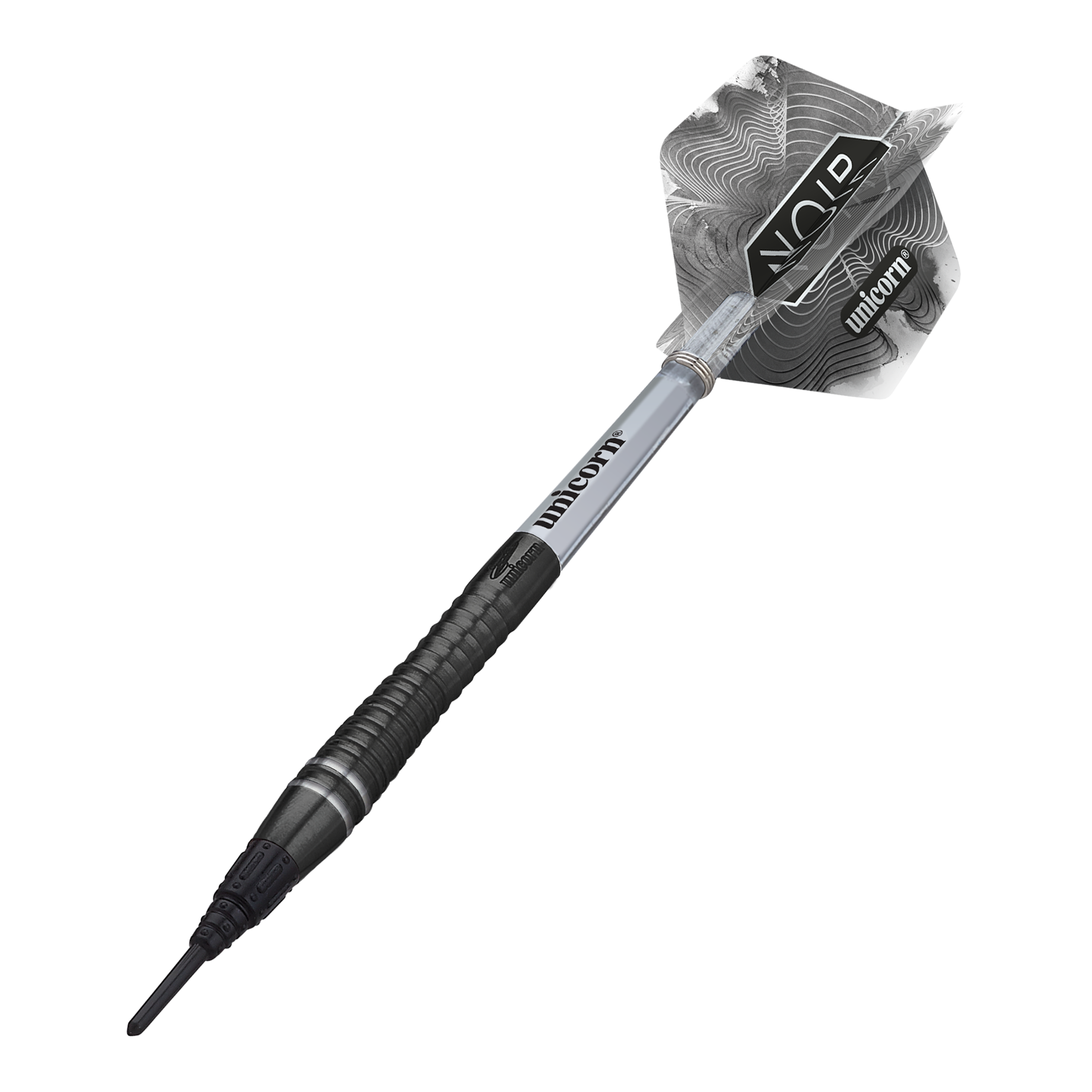 Dardos blandos Unicorn World Champion Gary Anderson Noir Phase 6 Das Bild zeigt einen Unicorn World Champion Gary Anderson Noir Phase 6 Softdart. Der Dartpfeil ist schwarz-silbern und hat ein modernes, gemustertes Flight-Design.