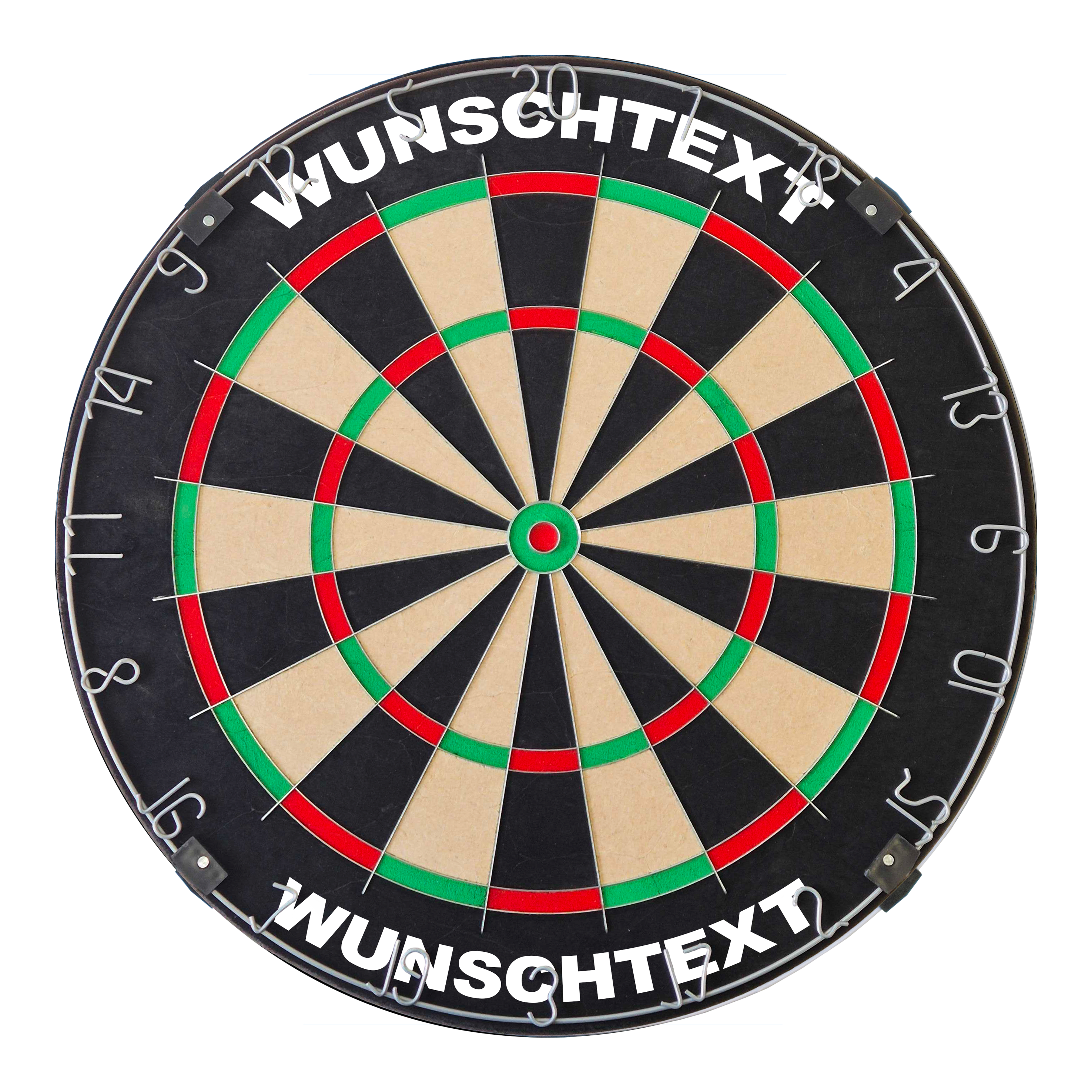 Dartboard mit Wunschtext Das Bild zeigt ein Dartboard mit traditionellem Design. Die Datei heißt 'MCDB_Dartboard_mit_Wunschtext_TraditionellerRingSilber_1_ArialBlack'.
