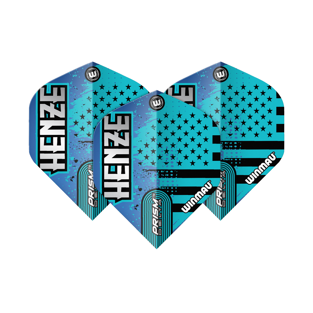 Vuelos estándar Winmau Prism Delta Rick Henze Das Bild zeigt drei Winmau Prism Delta Rick Henze Standard Flights für Darts. Die Flights sind in Blau- und Schwarztönen gestaltet und mit dem Namen "Henze" sowie Sternenmotiven bedruckt.