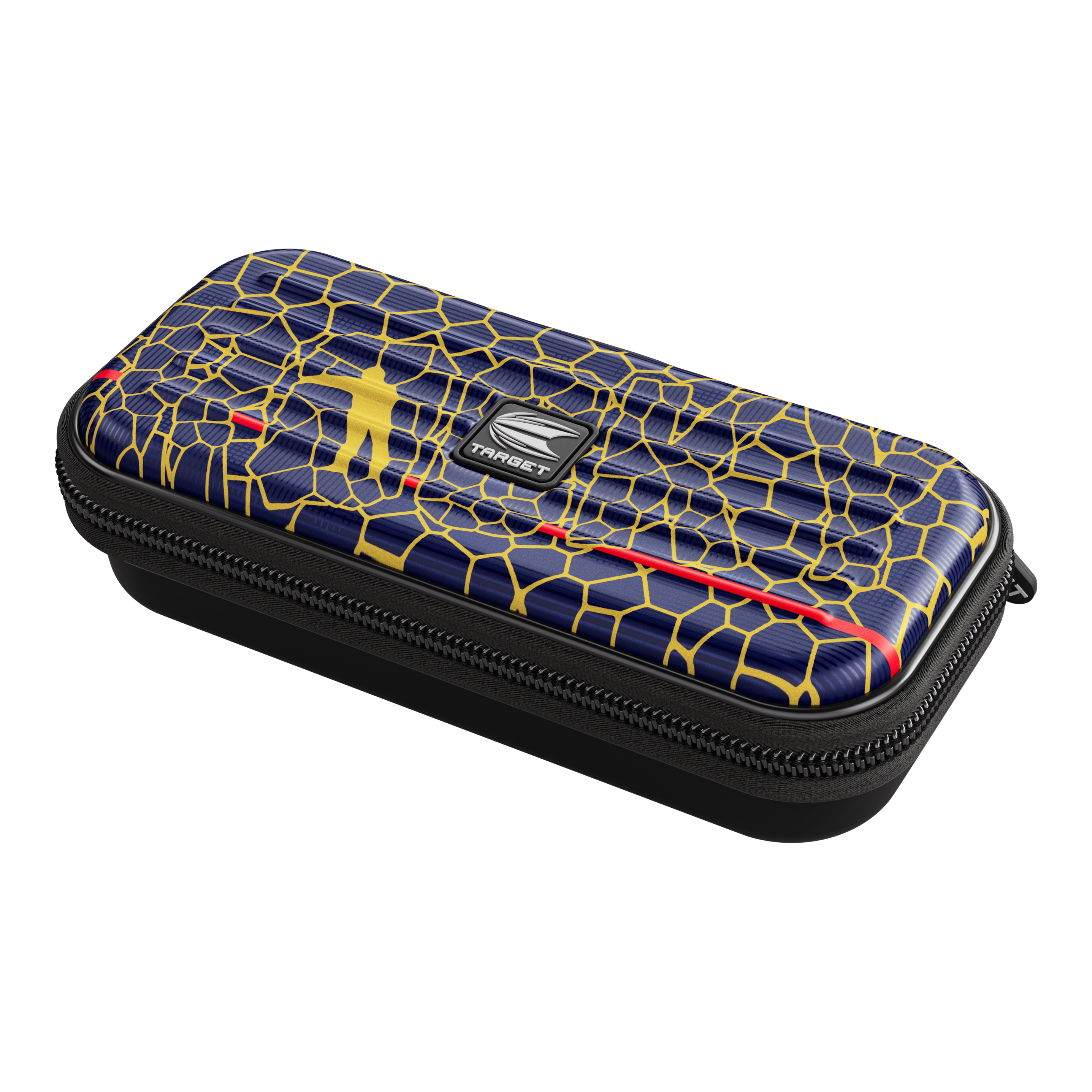 Estuche para dardos Target Takoma Josh Rock Das Bild zeigt das Produkt "Target Takoma Josh Rock Dartcase". Das Dartcase hat ein auffälliges Design mit gelben Linien auf dunkelblauem Hintergrund und einem kleinen Logo in der Mitte.
