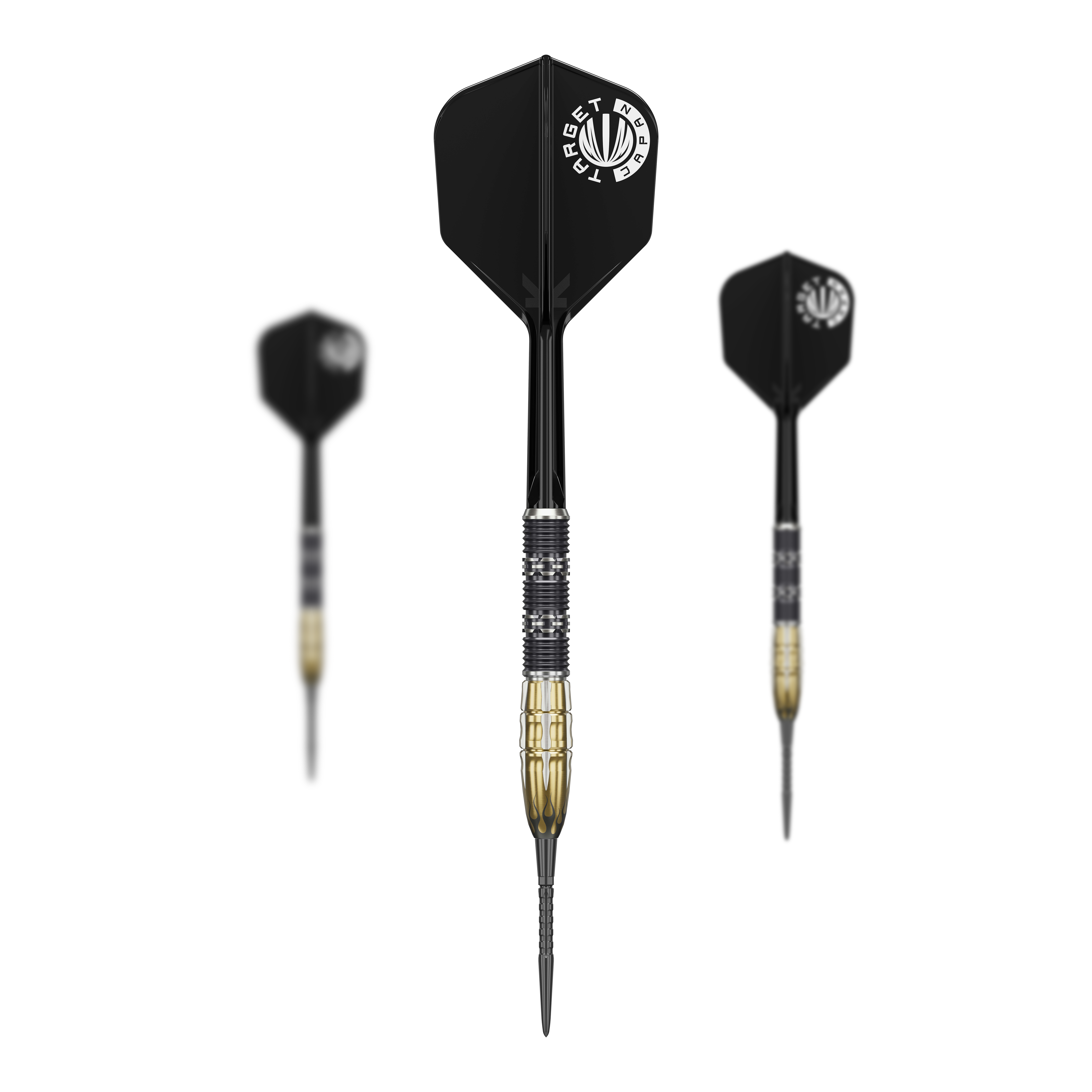Das Bild zeigt drei Steeldarts des Modells "Target Japan Pyro GEN11 Swiss Point - 22g". Die Darts haben schwarze Flights und einen schwarz-goldenen Barrel.