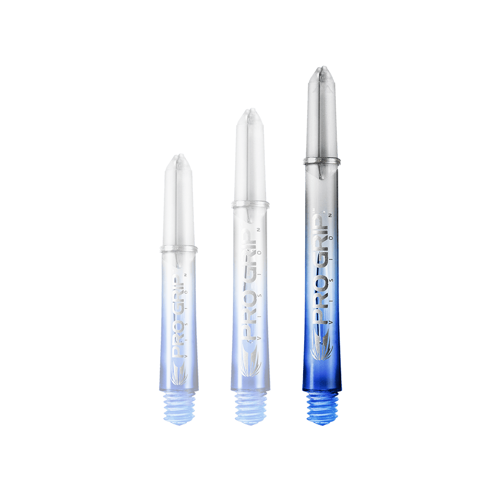 Varillas Target Pro Grip Vision - 3 juegos - Azul Das Bild zeigt drei unterschiedlich lange Dartshafts der Marke "Pro Grip" in Blau. Sie sind unten blau und werden nach oben hin durchsichtig.