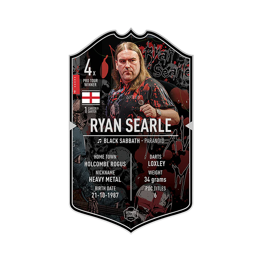 Tarjeta de dardos definitiva - Ryan Searle Das Bild zeigt die „Ultimate Darts Card“ von Ryan Searle. Auf der Karte sind Informationen zu seinem Spitznamen, Geburtsdatum, Herkunft und Erfolgen im Dartsport zu sehen.