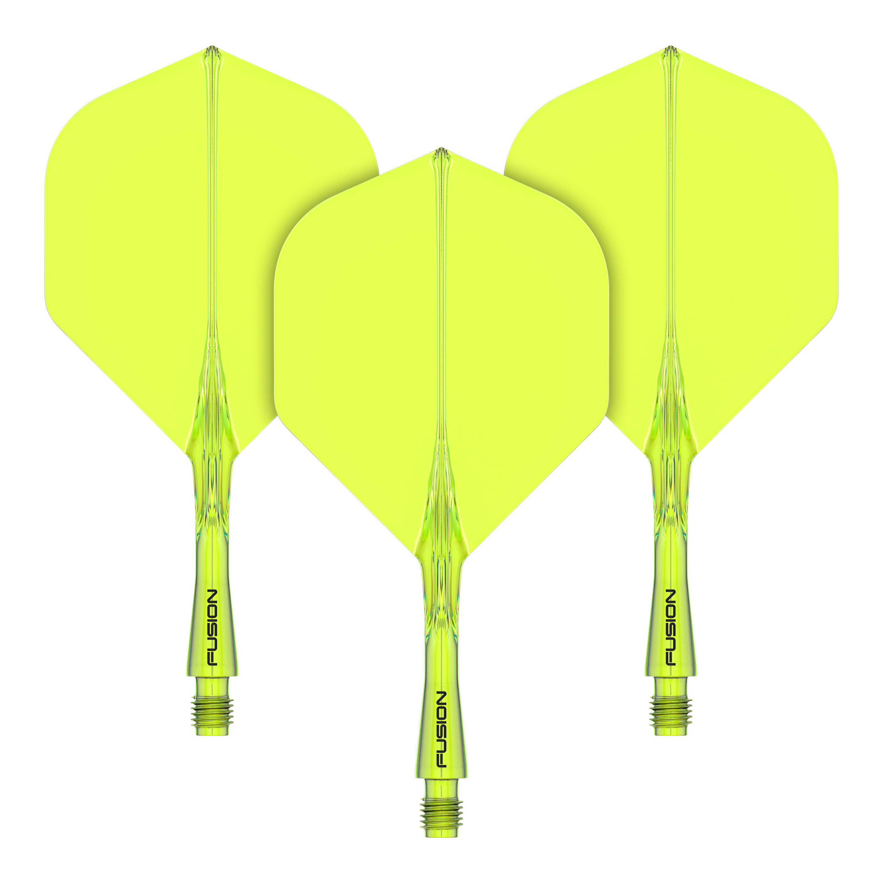 Sistema de eje de vuelo Winmau Fusion estándar amarillo Das Bild zeigt drei gelbe Dartflights mit Schaftsystem. Auf den Schäften steht das Wort "FUSION" geschrieben.